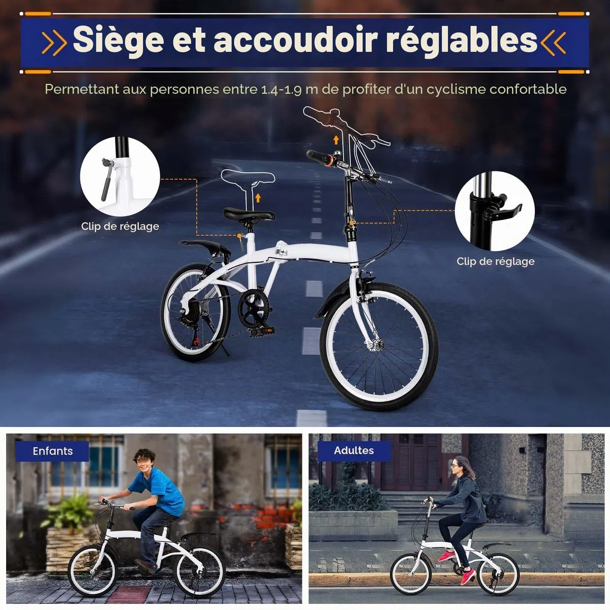 Vélo pliant 20 pouces pour adulte - 6 vitesses - Blanc - 75-93 cm - Siège réglable en hauteur - Pliable - Pour femmes, adolescents, camping