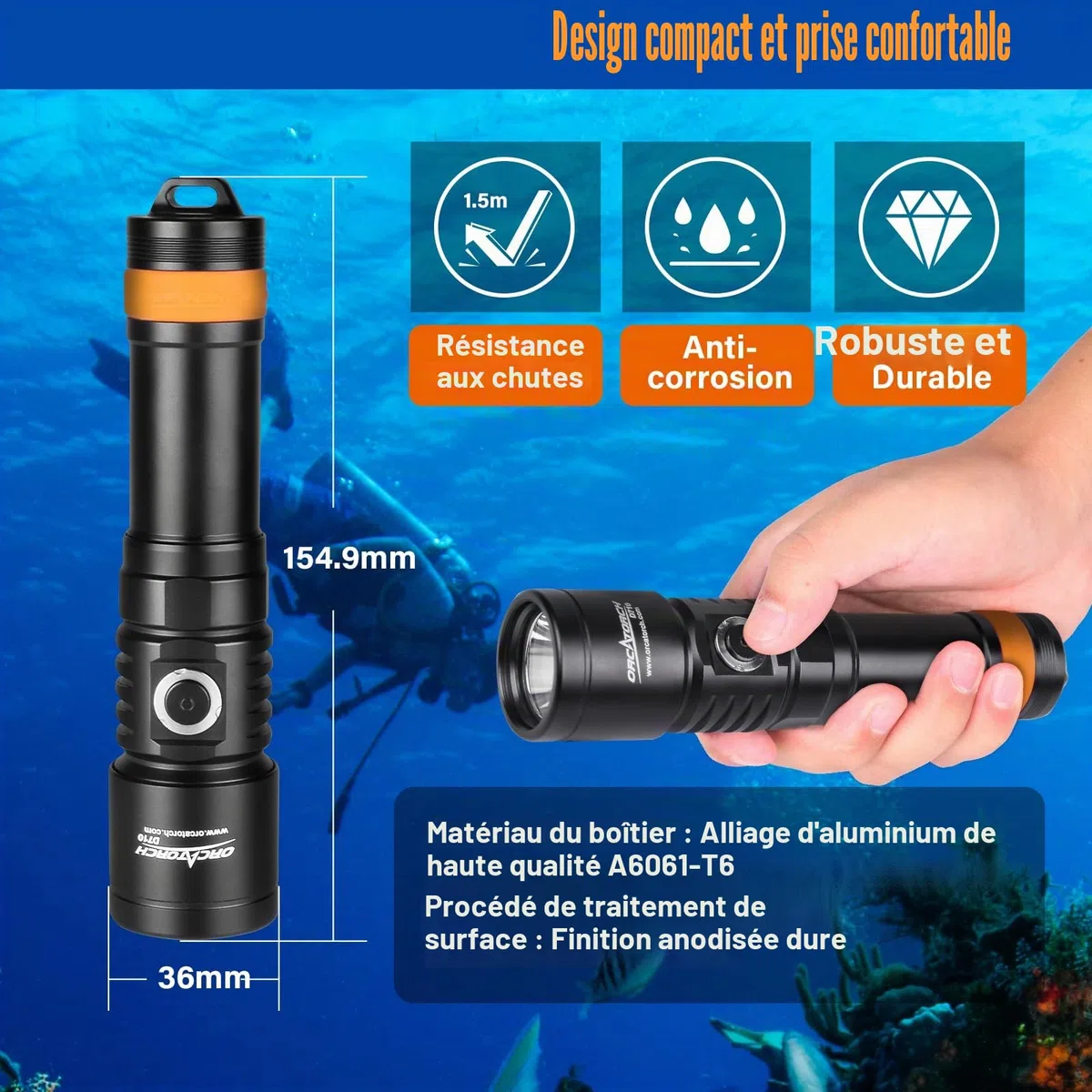 ORCATORCH D710 Lampe de poche sous-marine 3000 lumens avec faisceau étroit de 6 degrés, IP68 étanche avec indicateur de batterie (nuar)
