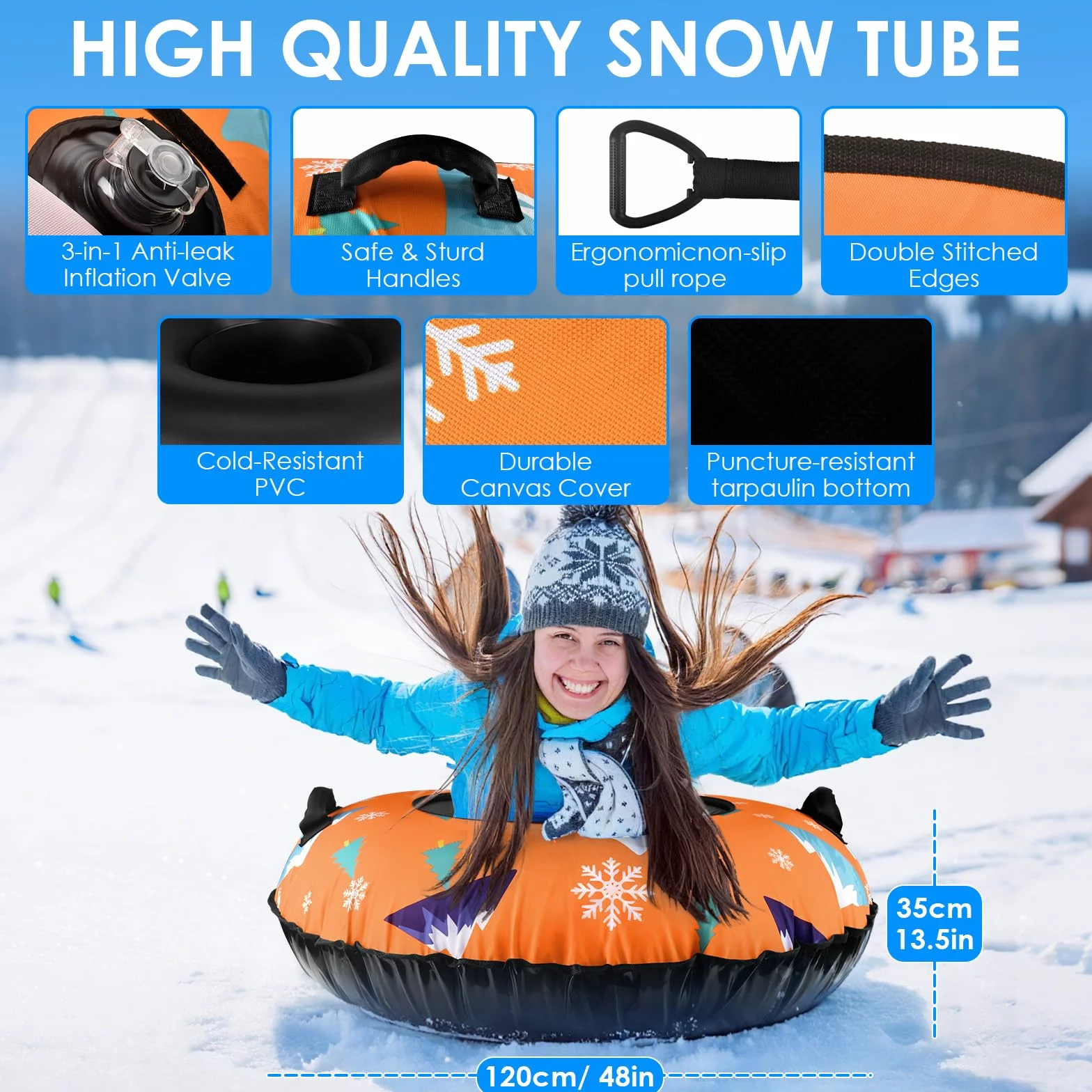 BROTOU Snow Tube, Luge Rodel Pneus Luge Neige Pneus de Luge 122cm/30.5 Pouces avec 2 Patchs de Réparation, Poignées et Housse en Toile Luges Gonflables pour Sports d'Hiver en Plein Air