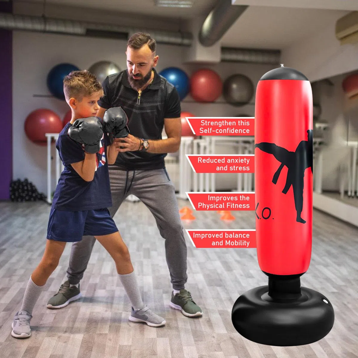 Sac de frappe pour enfants, 160 cm, sac de frappe pour enfants debout, avec gants de boxe, sac de frappe gonflable pour l'intérieur, l'extérieur, la gym à partir de 3 à 12 ans, pour garçons et filles