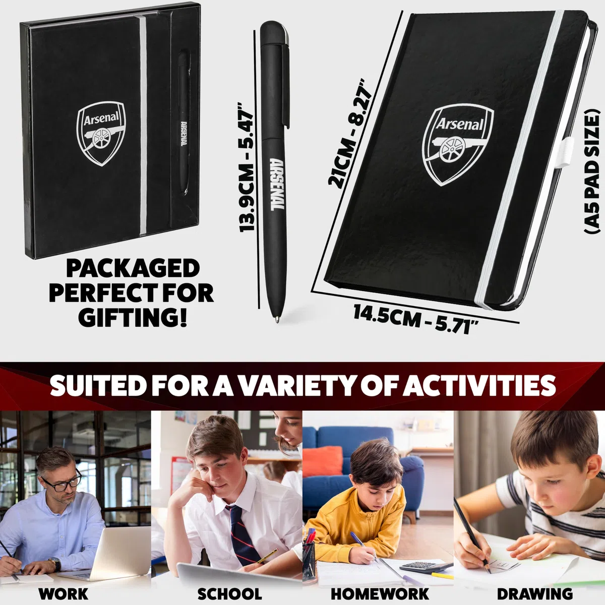 Arsenal F.C. Ensemble de papeterie avec carnet ligné et stylo à bille, fournitures de papeterie, fournitures de bureau, cadeaux de Noël pour homme