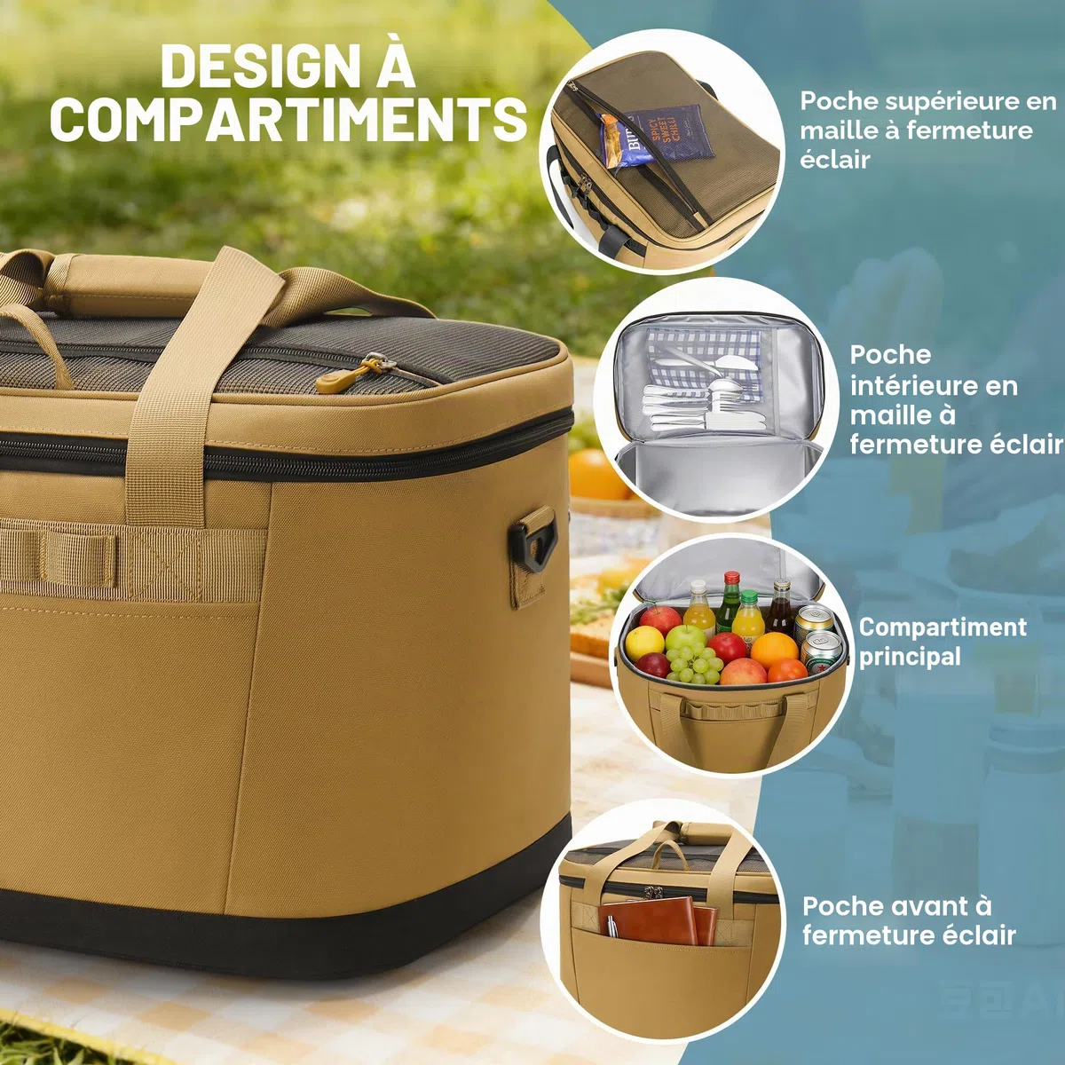 Sac Isotherme 30L, Grand Glaciere Souple Isotherme, Portable Anti-Fuite Glacière avec Bandoulière Amovible pour Voyage, Pique Nique, Camping, Plage