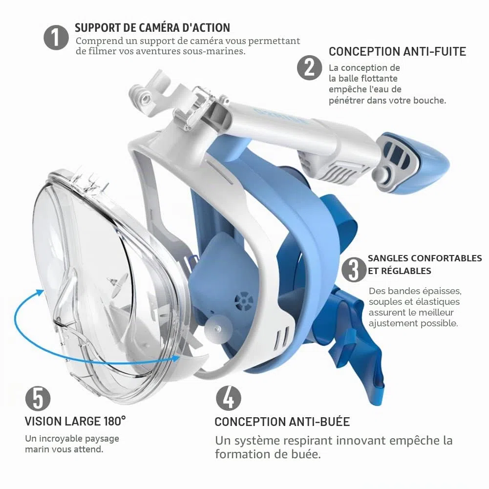 G2RISE Masque de Plongée Intégral avec Masque et Tuba Détachable, Anti-buée et Design Pliable pour Adultes Enfants