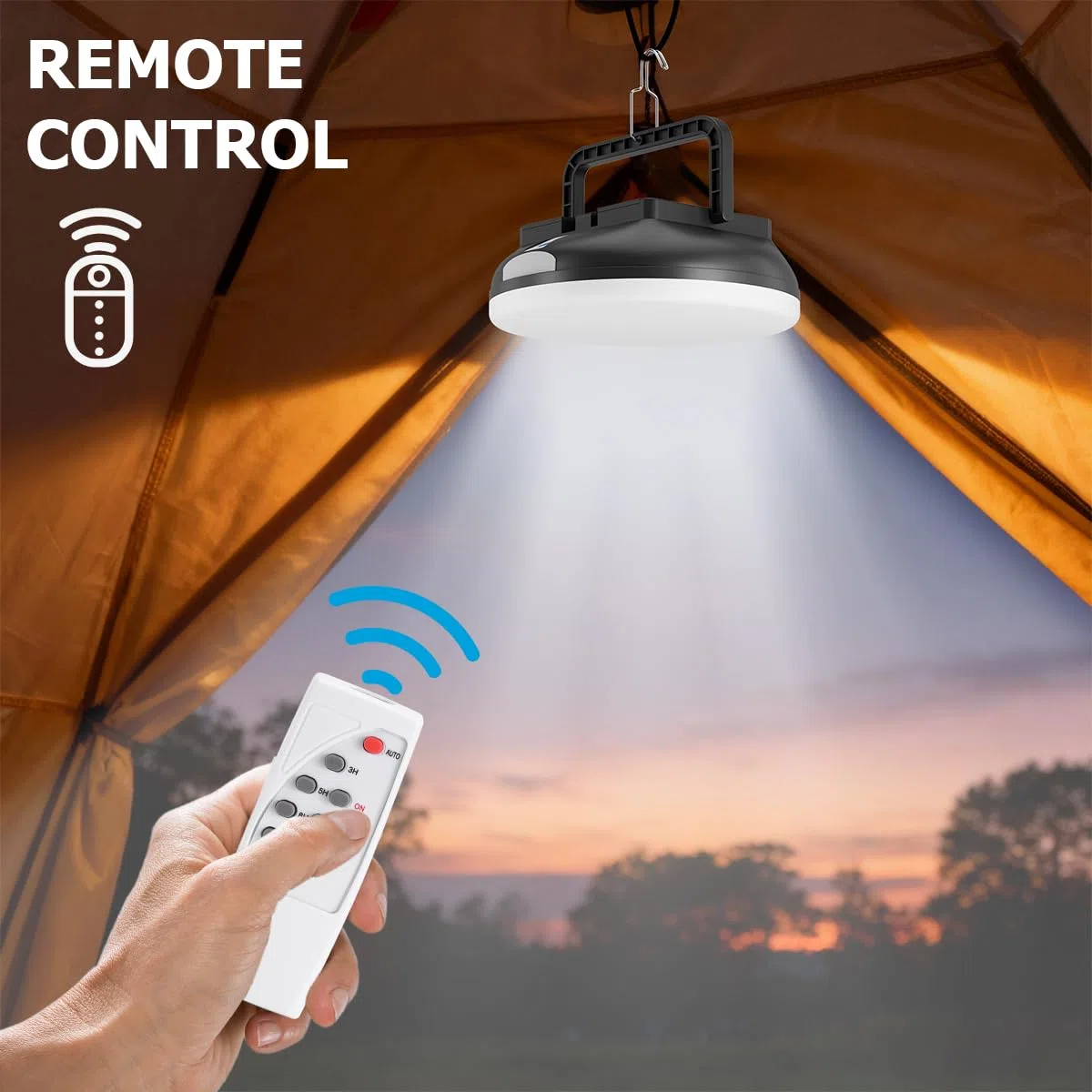 Lampe de camping LED solaire avec télécommande, lanterne de camping rechargeable par USB, ultra-lumineuse 4500 lumens, 5 modes d'éclairage pour la randonnée en plein air et le camping