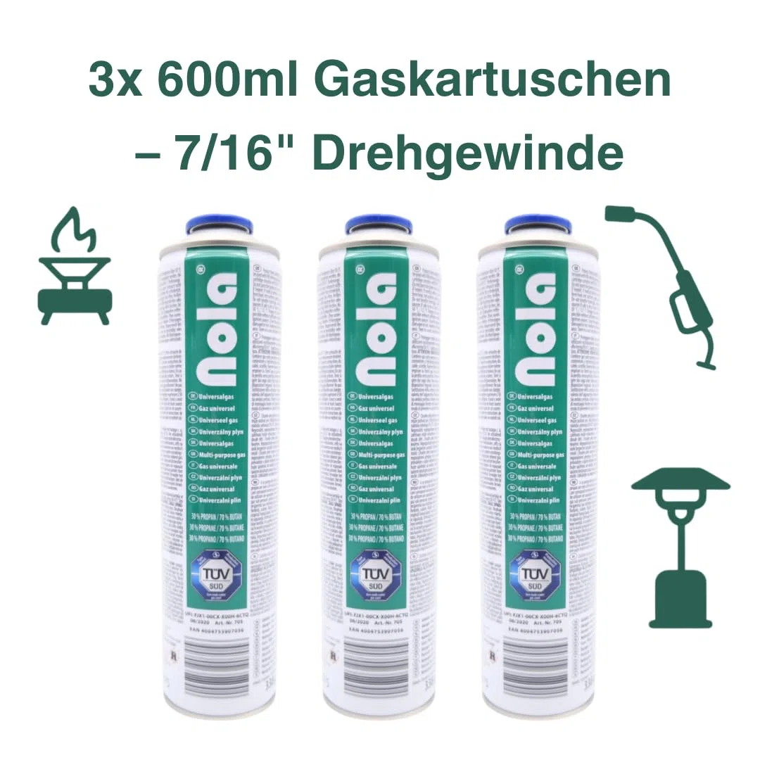 NOLA Lot de 3 boîtes de gaz comprimé universelles 600 ml butane propane Filetage rotatif 338 g 7/16" Cartouches de gaz universel Boîte à gaz Bouchon rotatif pour désherbeur de mauvaises herbes Lampe à