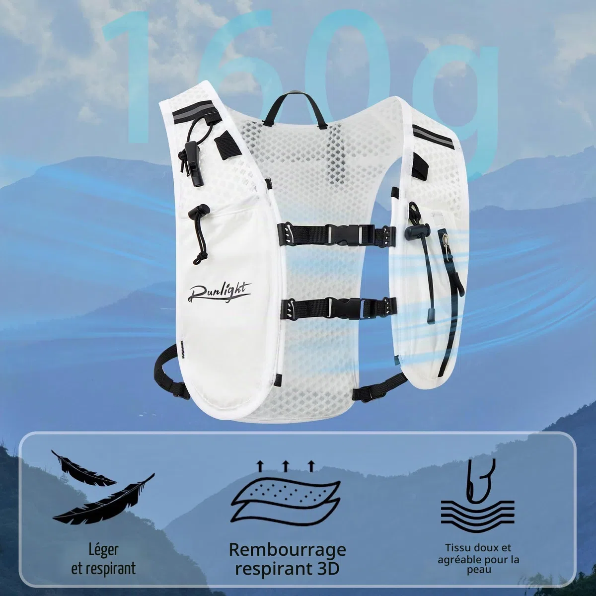 G220 Gilet de course pour homme et femme, sac à dos d'hydratation réglable, respirant et réfléchissant avec poche d'eau de 1,5 l pour randonnée, sentier, course à pied, marathon, cyclisme