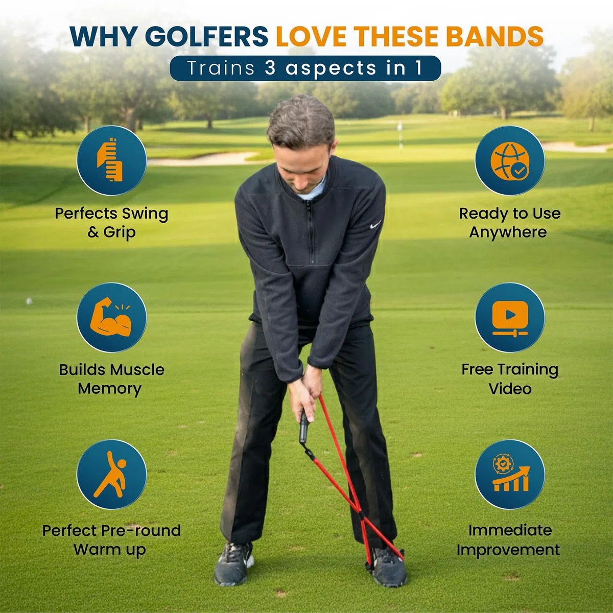 Happy Golfer Bandes de résistance pour golf Swing Trainer | Entraîneur de puissance pour le golf pour le chemin de swing, la prise en main et l'entraînement de la vitesse | Aide à l'entraînement de