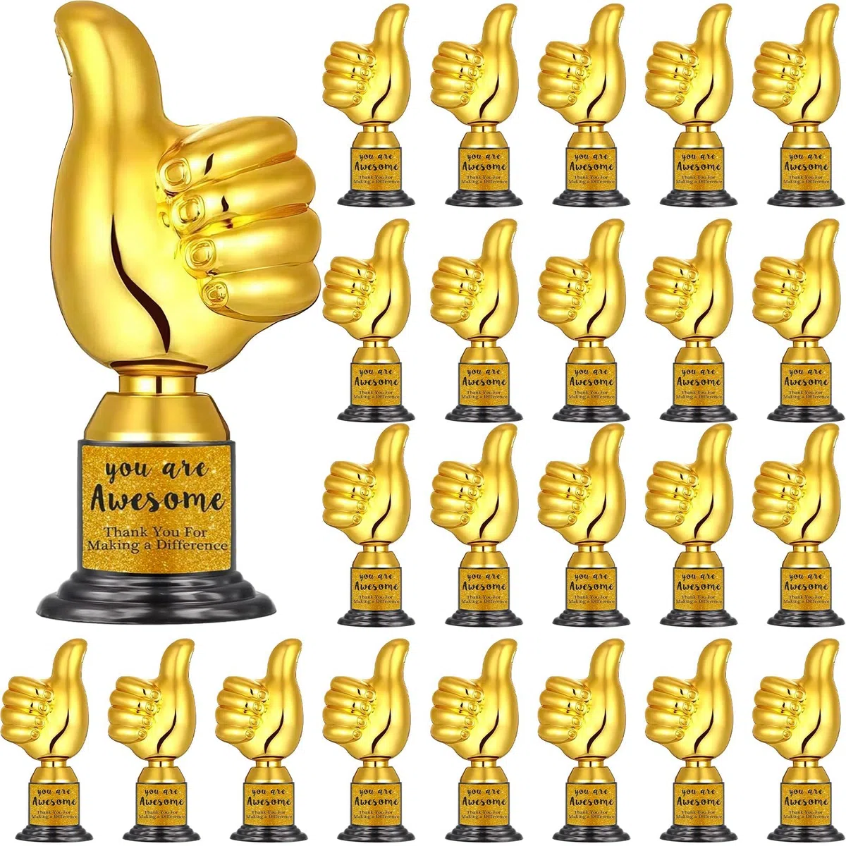 24 Pièces Trophées Pouce Levé Dorés – Mini Trophées d’Encouragement avec Autocollants “Vous êtes Génial” – Récompenses pour Enfants, Enseignants, Employés, Bénévoles, École et Événements Sportifs