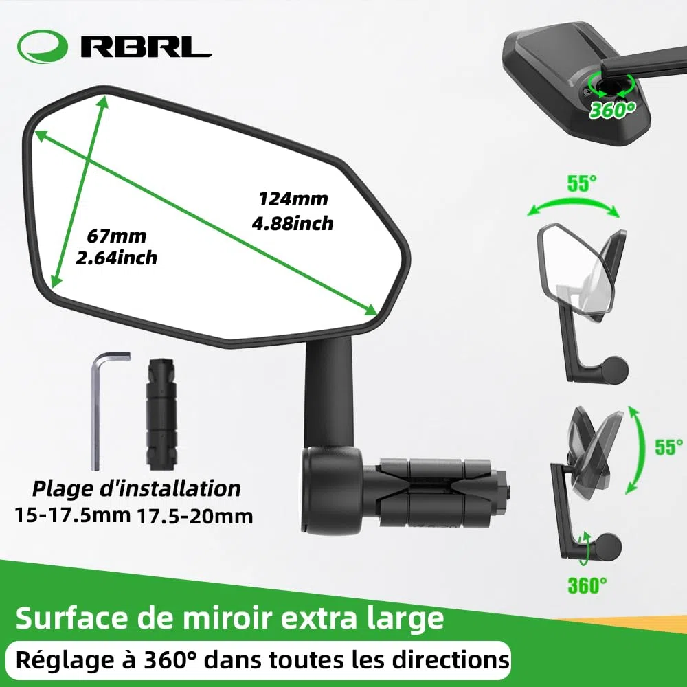 RBRL Rétroviseur Vélo, Pas Facile à Bloquer, Rétroviseur de vélo Extra Large, Rétroviseur de Vélo Incassable et Durable, Adapté au Vélo électrique （gauche）