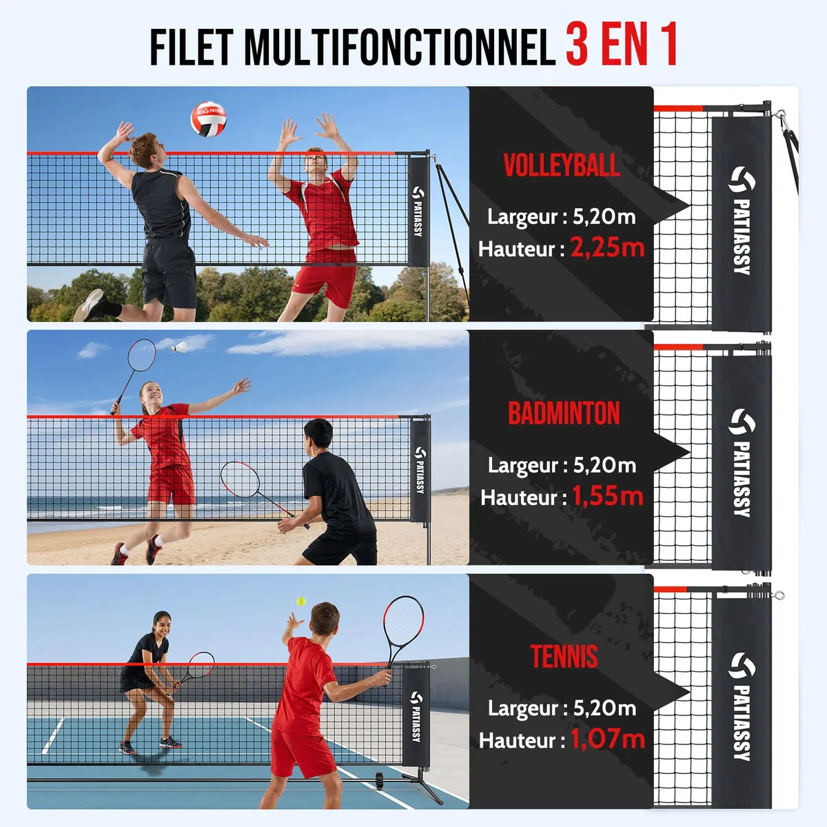 Filet de Badminton, Filet de Volley de 520 cm, 3 hauteurs Peuvent être ajustées, Ensemble Portable pour Le Tennis, à l'intérieur et à l'extérieur, Loisirs idéal pour Enfants et Adultes