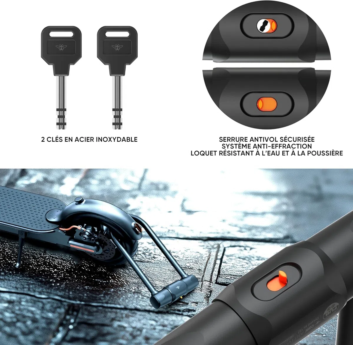 CASR Antivol U XL - Cadenas à Clé Certifié FUB 2 Roues - Acier Trempé Robuste Anti-Corrosion - Universel Vélo, Moto, Trottinette électrique - Protection Haute Sécurité