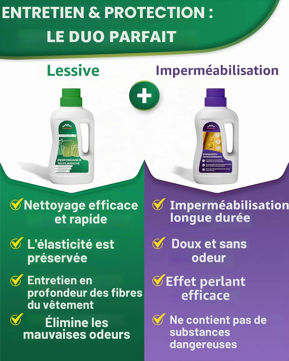 ALPENWERT Imperméabilisant 500 ml + lessive 500 ml [Fabriqué en Allemagne] – Imprégnation de lavage & lessive de sport pour vêtements d'extérieur, de ski et de fonction – Gore-tex UVM Impränier