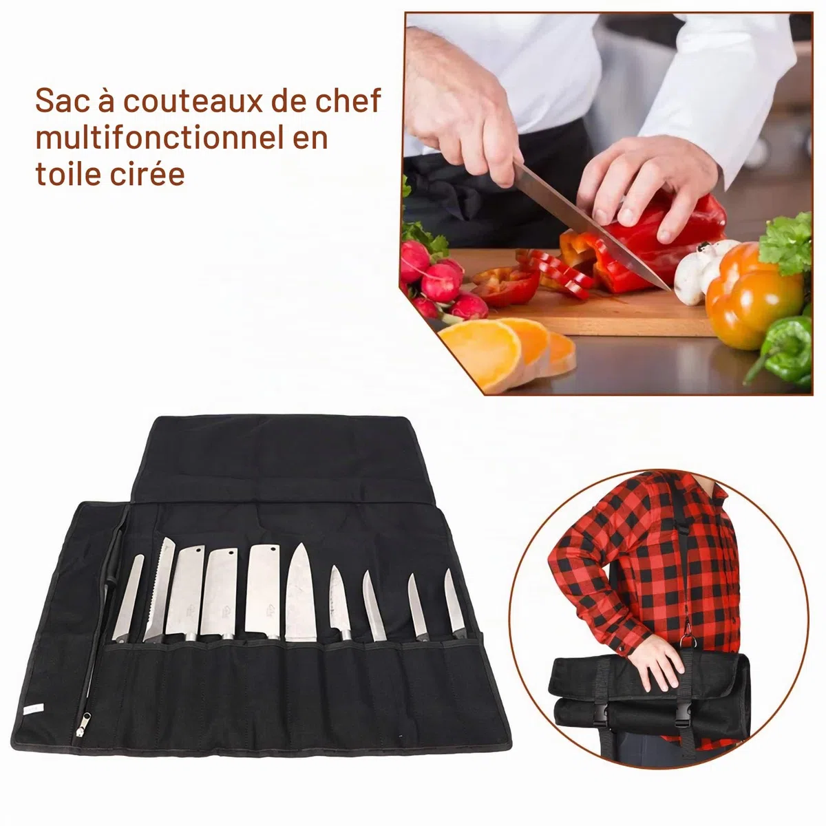 Trousse De Couteaux Chef Professionnel Sac à Couteaux en Toile Cirée Sacoche Couteaux 11 Emplacements Noir