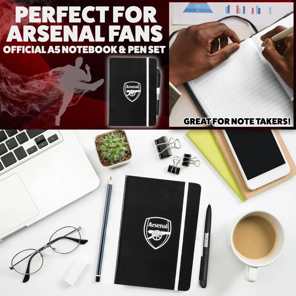 Arsenal F.C. Ensemble de papeterie avec carnet ligné et stylo à bille, fournitures de papeterie, fournitures de bureau, cadeaux de Noël pour homme