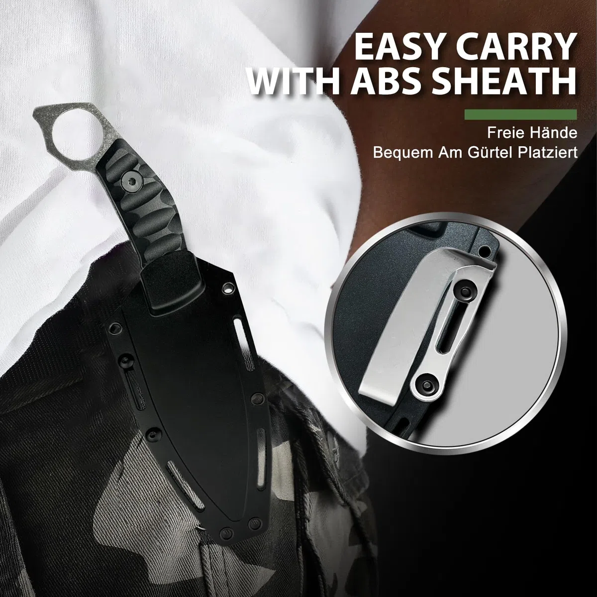 Omesio Couteau Ceinture | Couteau d'extérieur Full Tang en Acier 420 (HRC 56-58) | Lame Fixe de 10,5 cm pour Survie, Camping et Randonnée |Manche en ABS | Fourreau Inclus