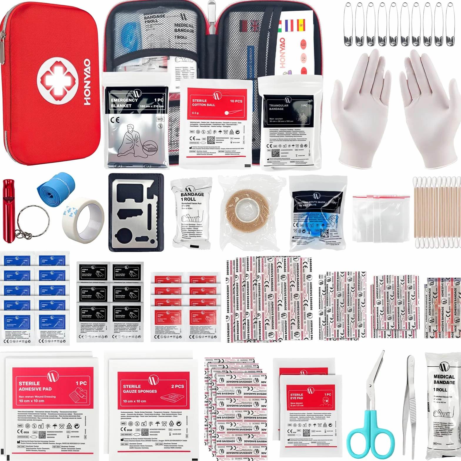 HONYAO Trousse de Premier Secours, Trousse Pharmacie, 200 Pièces Boîte de d'urgence de Survie Extérieur pour Voiture Maison Lieu de Travail Voyage Camping Randonnée et Sports en Plein Air