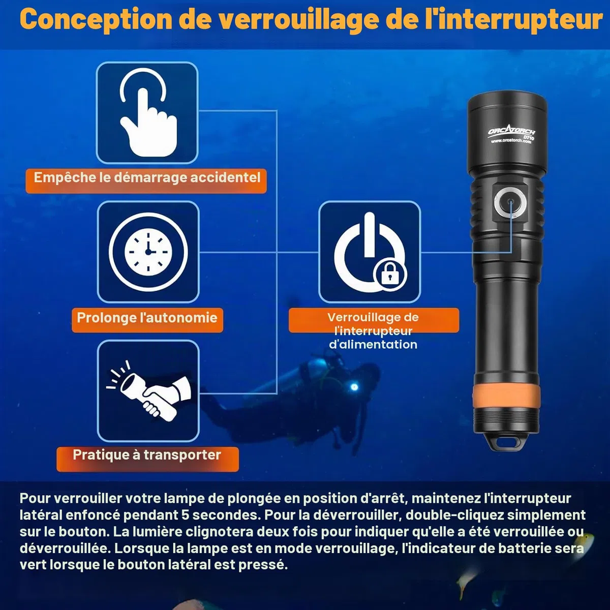 ORCATORCH D710 Lampe de poche sous-marine 3000 lumens avec faisceau étroit de 6 degrés, IP68 étanche avec indicateur de batterie (nuar)