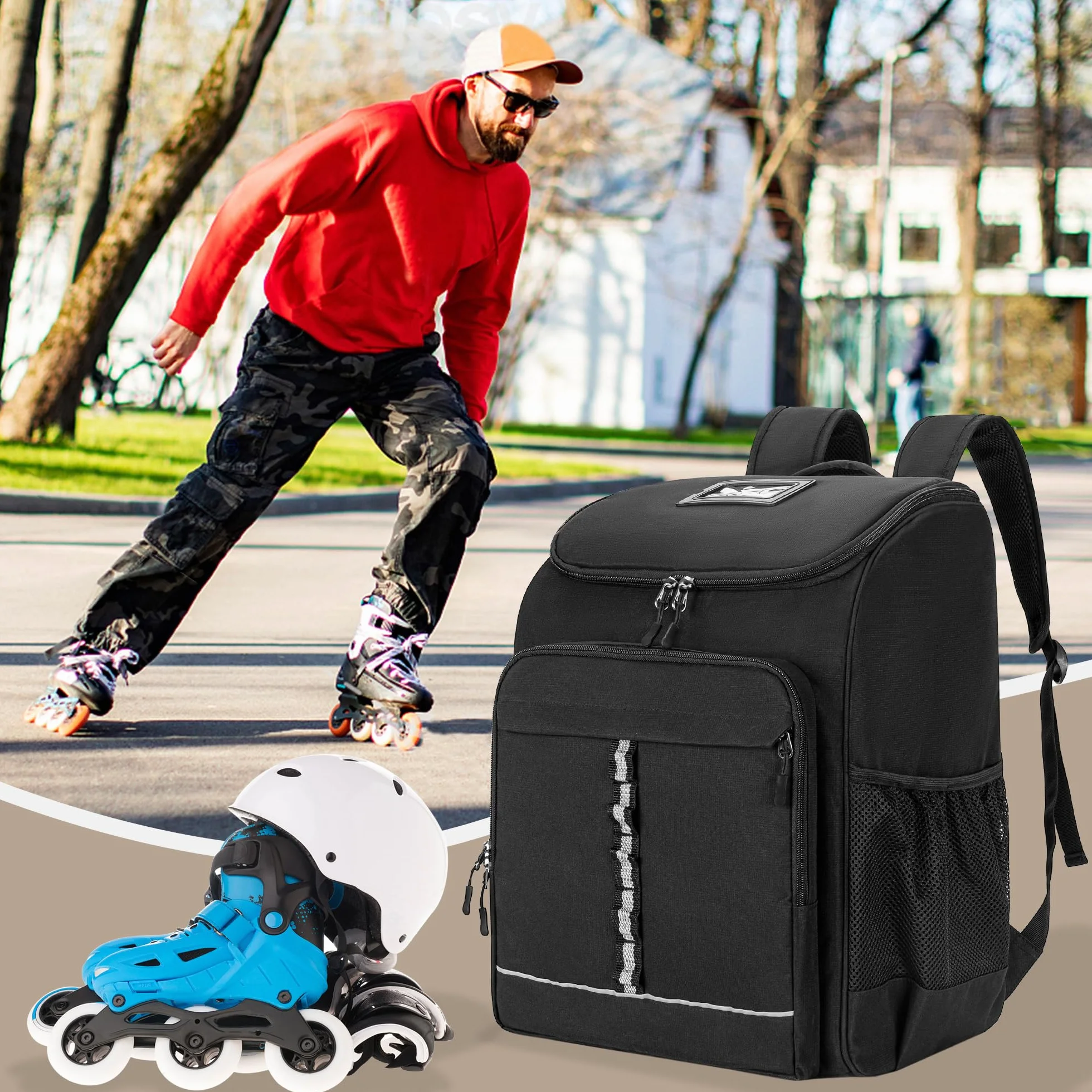 GOBUROS Sac de Patinage à roulettes pour Patins à Glace, Sac à roulettes avec Poche Supérieure pour Casque, Sac à Dos avec Bandoulière Rembourrée Réglable pour Équipement de Patins-Version Améliorée
