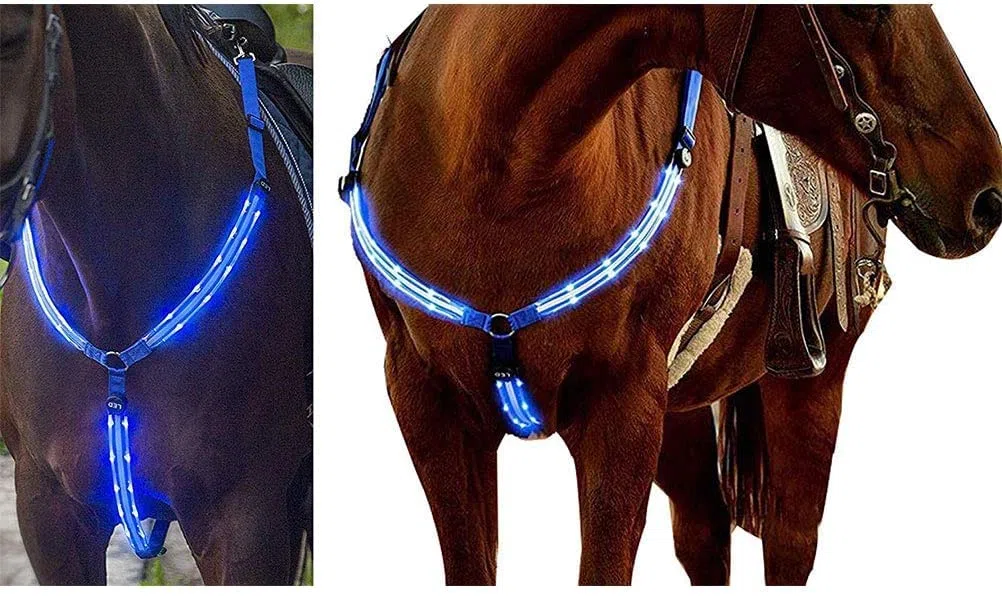 Collier plastron de cheval, haute visibilité lumineuse, sangle de poitrine de cheval de sécurité dans l'équipement de nuit, harnais de cheval LED (bleu)