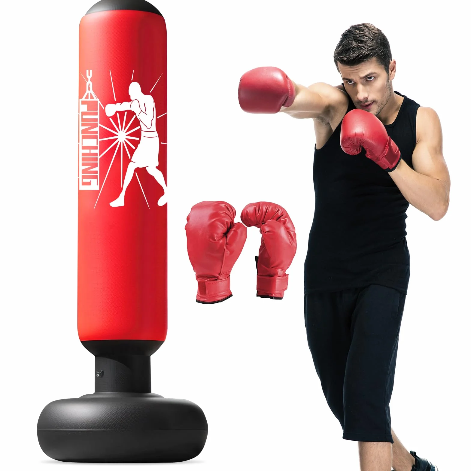 Qoosea Sac de Boxe Gonflable pour Enfants, 160cm Sac de Frappe sur Pied, Punching Ball avec Gants Formation avec Gants de Boxe, Cadeau Parfait pour Garçons et Filles 3 à 12 Ans