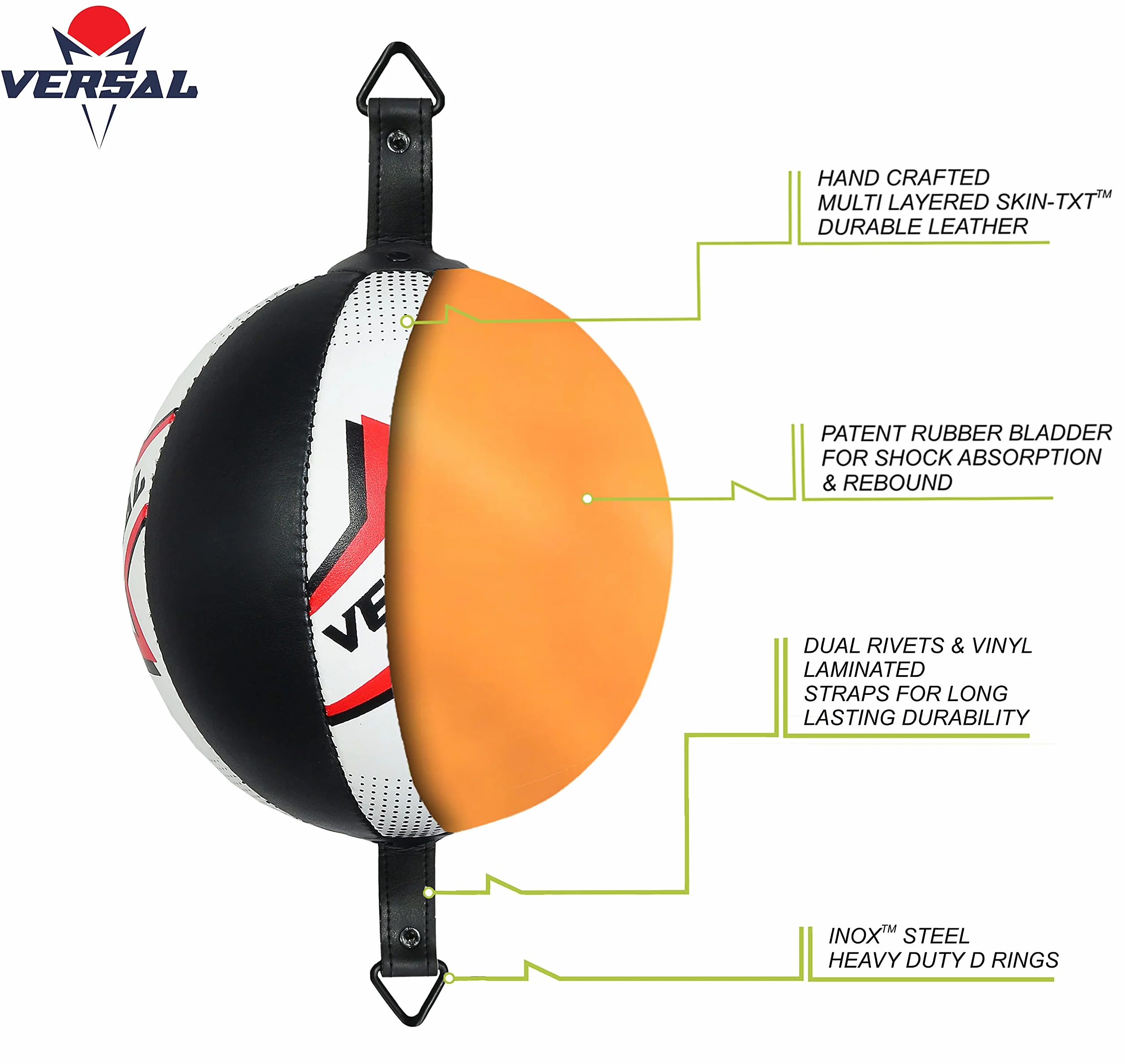 VSL Balle de boxe double extrémité en cuir pour entraînement MMA Dodge Sac de frappe avec cordes et ancrages du sol au plafond