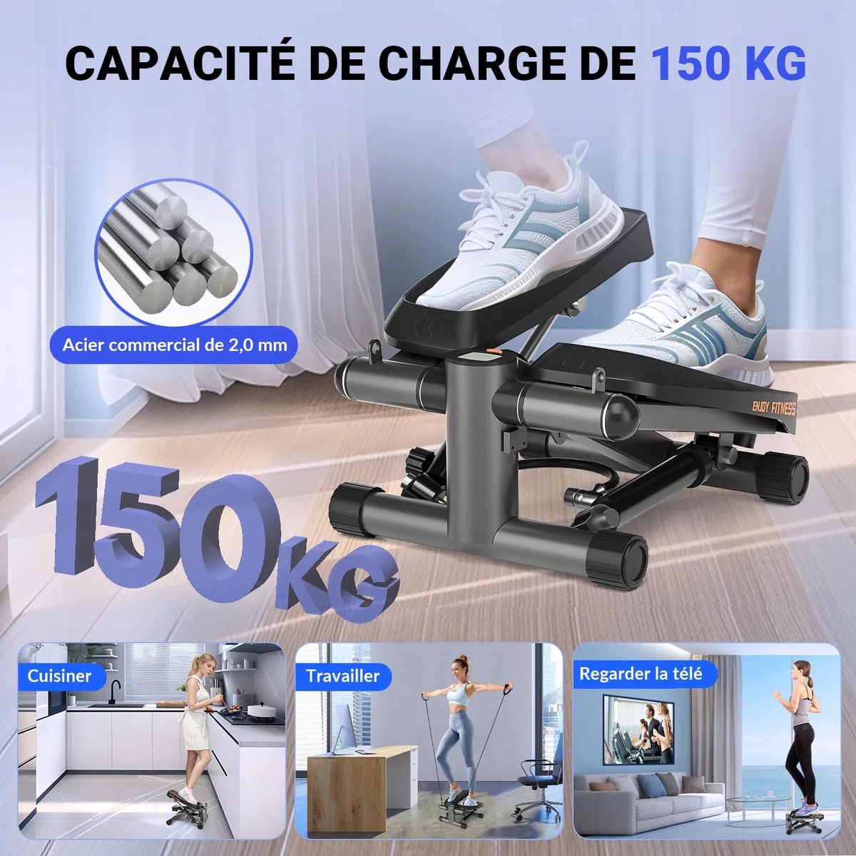 Vannect Stepper 2 en 1 Avec Cordes Élastiques, 16 Niveaux de Résistance, Mini Stepper d'Appartement, Écran Multifonctions, Fitness Pour la Maison, Idéal Pour Jambes, Bras, Fesses, Jusqu'à 150Kg