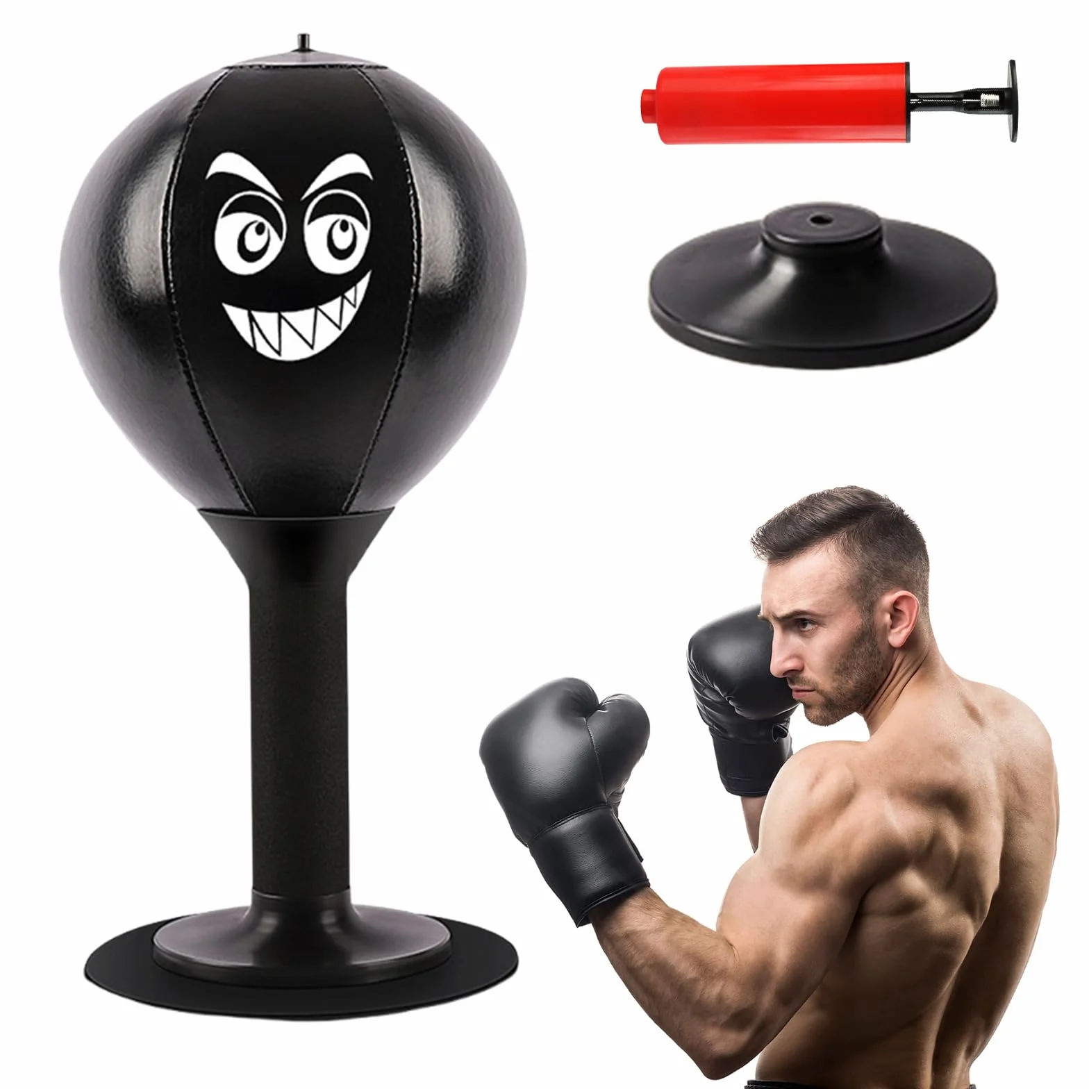 Sac De Frappe De Bureau, AC De Frappe De Bureau, Punching Ball, Sac De Frappe Debout, Table De Punching Ball, Gonflable avec Ventouse Pompe à air Cadeau pour Adultes, Enfants,Noir