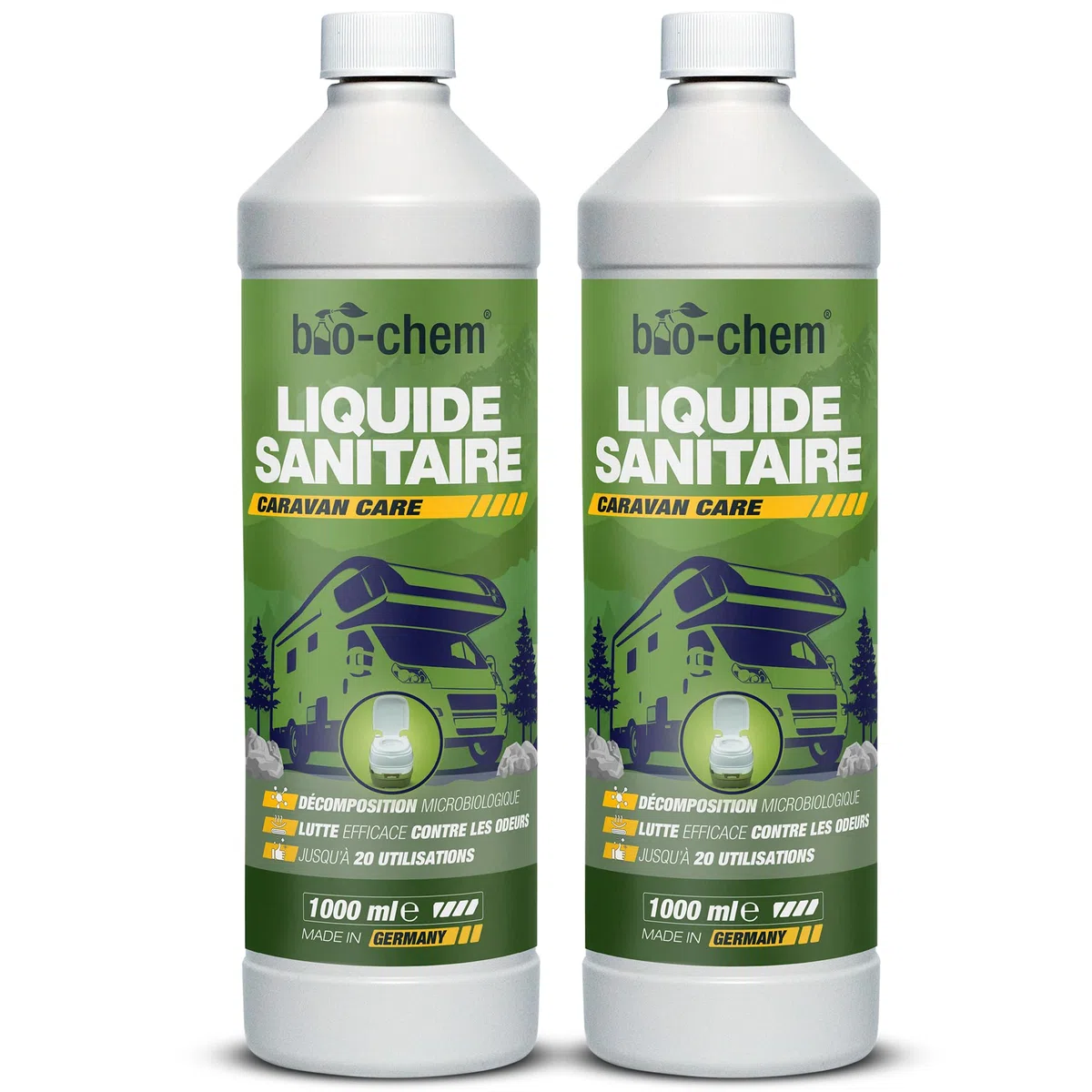 Bio-Chem - Liquide sanitaire Nouvelle Formule avec microorganismes pour Toilette Chimique Caravane - Additif sanitaire concentré pour Toilette Portable de Camping - Verre doseur Inclus