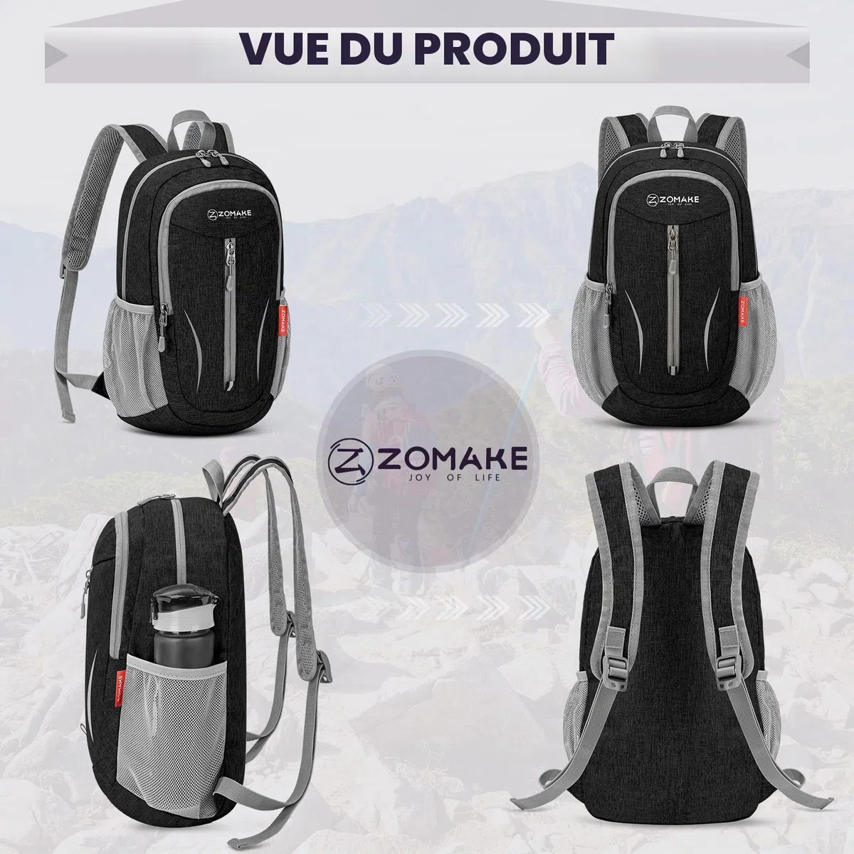 ZOMAKE 10 L Petit Pliable Ultra Léger Sac à Dos pour Randonnée Voyage,Mini Sac a Dos de Jour pour Femme Homme Enfant(Noir)