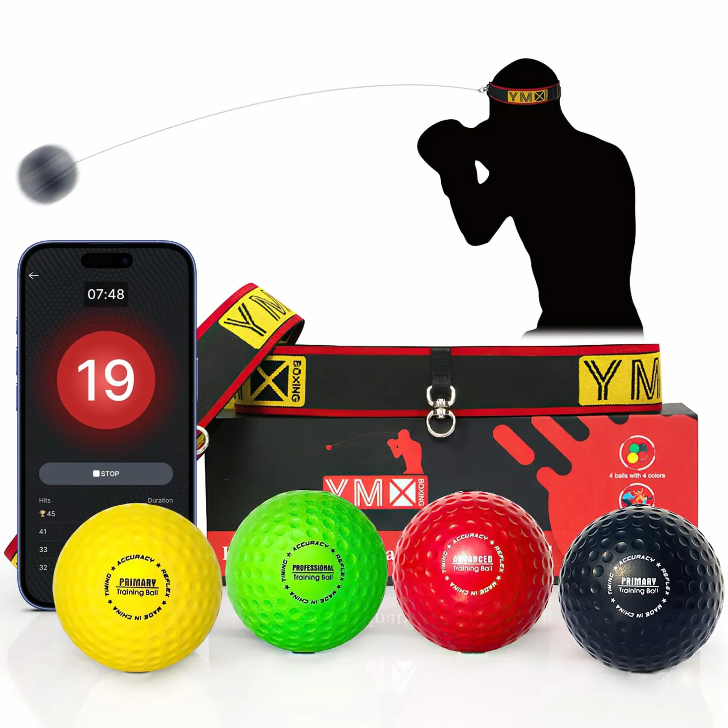 YMX BOXING Ultimate Reflex Ball Set - 4 React Reflex Ball - 2 Bandeaux Ajustables, pour améliorer Le Temps de réaction, la précision, Le Focus et la Coordination Yeux Mains, Entrainement pour Boxe