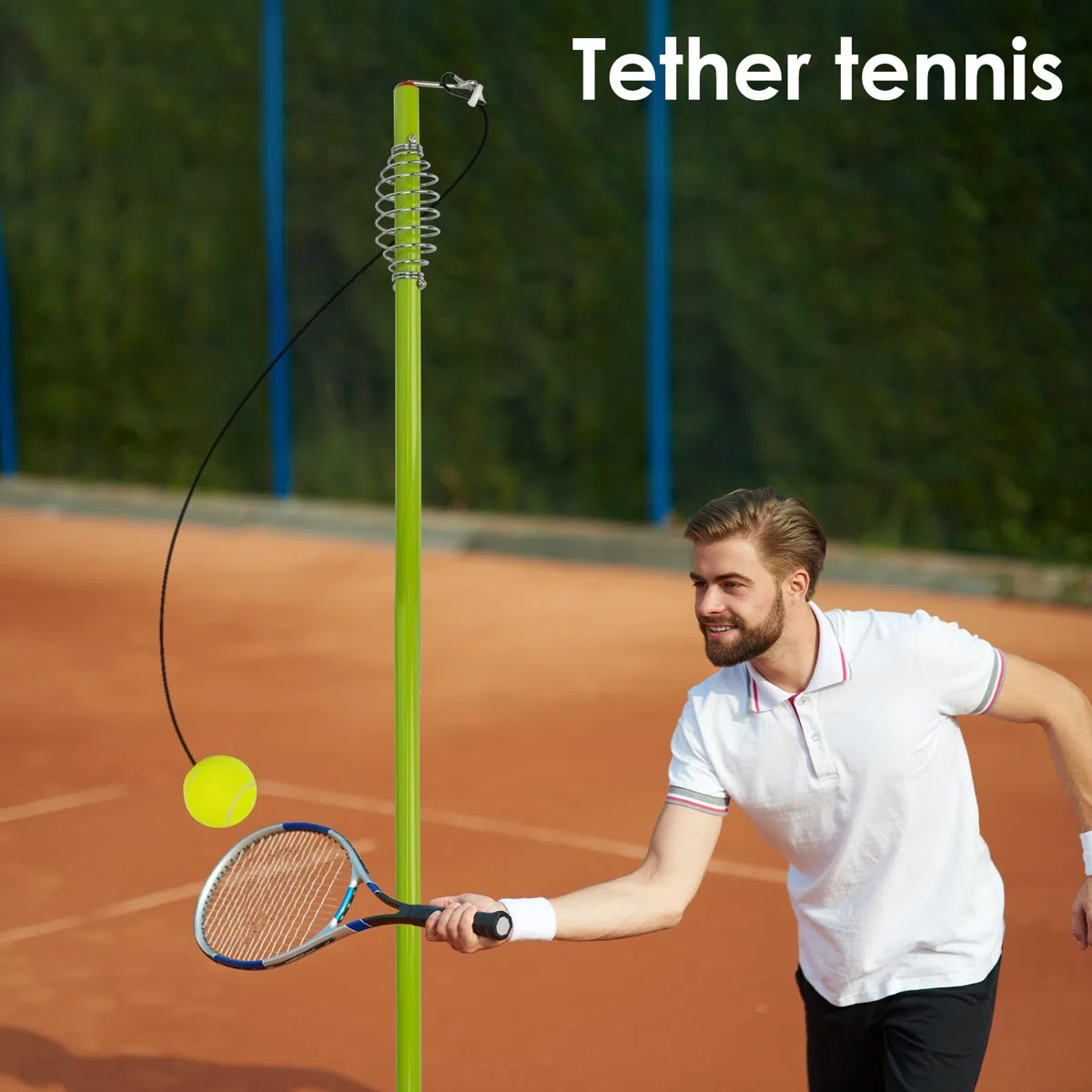 WodGod Ensemble de balle de tennis et de tetherball, équipement de Tetherball avec poteau pour jardin et extérieur, avec poteau réglable en hauteur de 2 m, 2 balles de tennis avec corde, 2 raquettes