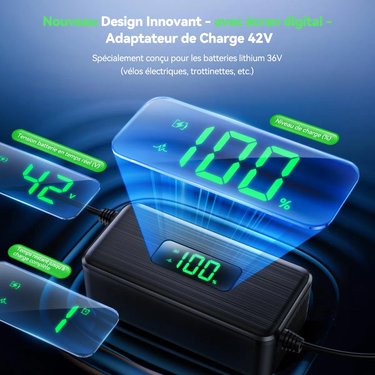 42V 2A Chargeur Trotinette Electrique avec Écran LED de Charge(%), Chargeur Hoverboard avec 4 Connecteurs, Chargeur Universel pour Toutes Les Batteries Lithium de 36V, avec Ninebot, Xiaomi