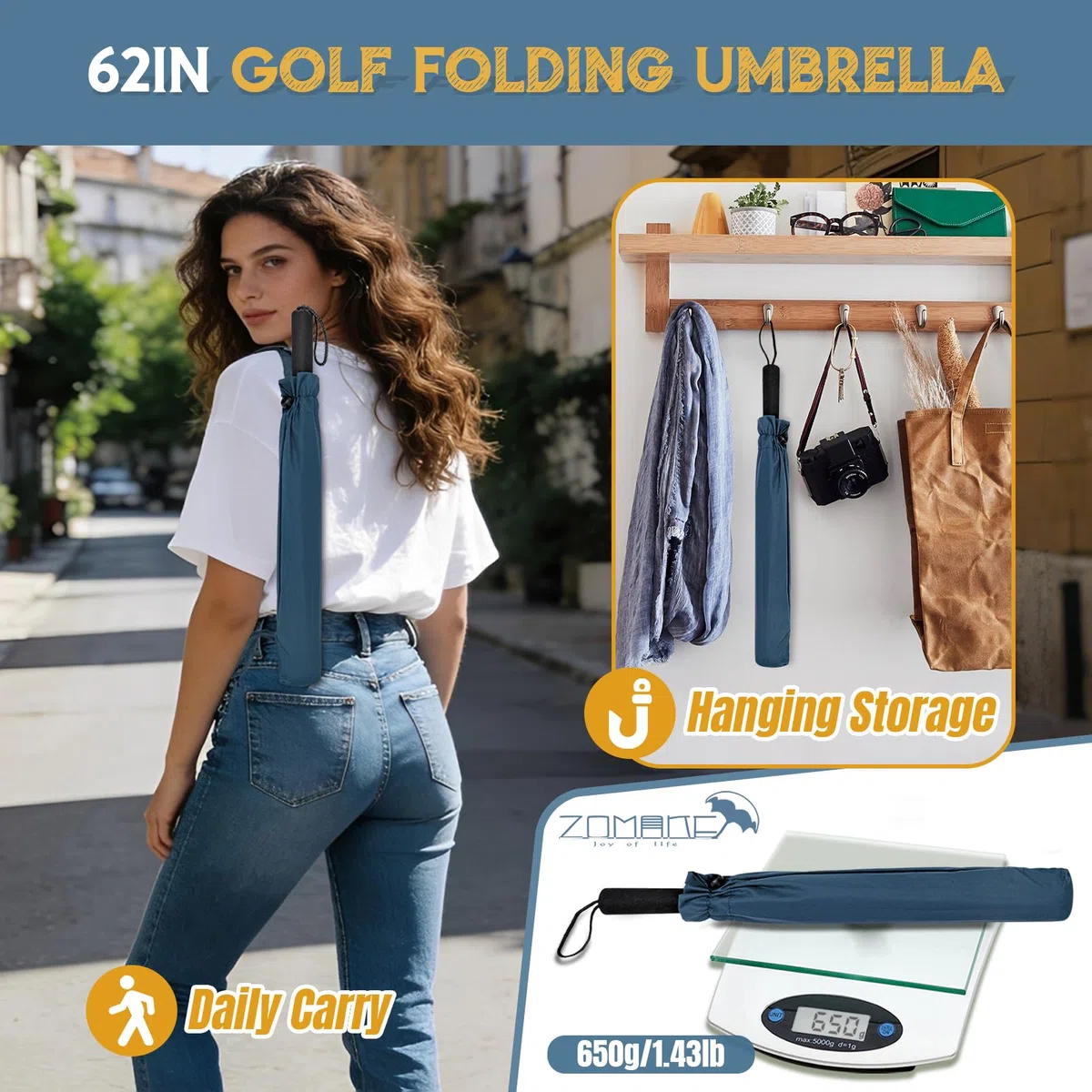 ZOMAKE Large Compact Parapluie de Golf 54/62 Pouces,Parapluie RéSistant au Vent Parapluie Pliant Portable pour le Voyage à Double CanopéE VentiléE pour Hommes Femmes