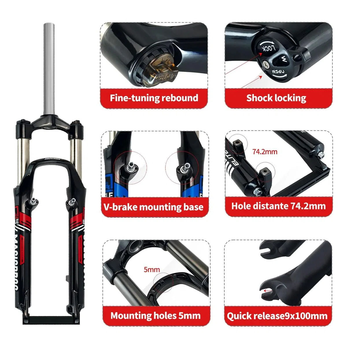 Fourche VTT 26 Pouces 100mm Voyage Vélo Fourche Suspendue 1" 1/8 V-Brake/Disque Amortisseur De Pression d'air Fourche De Vélo Alliage D'aluminium Contrôle des Épaules