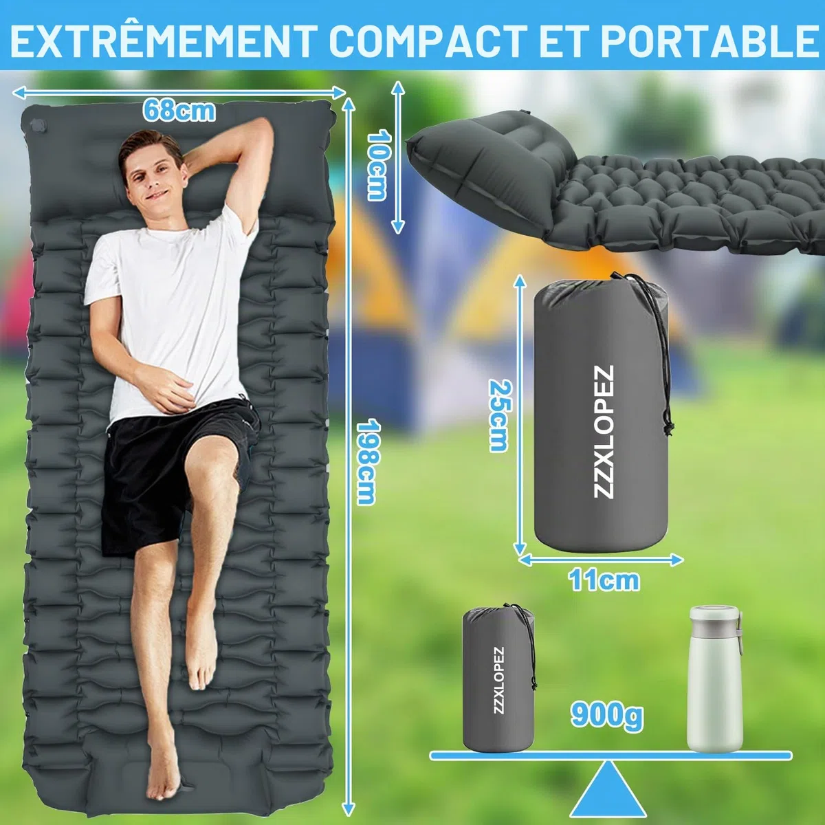 Matelas Campings Autogonflant, Matelas Camping Autogonflant Pliable avec Pompe à Pied, Matelas Gonflable Résistant à l'eau, Portable Tapis de Matelas pour Camping, Voyage, Plage, Tente