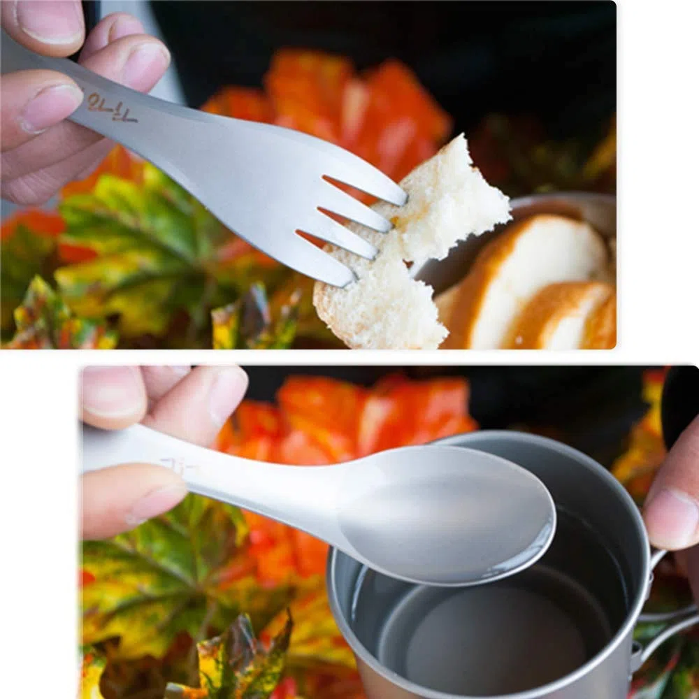 TiTo Titanium Fourchette et Cuillère en Titane 3 en 1 Ultraléger Portables Camping Multifonction Spork Cuillère Outdoor Camping Ustensiles Randonnée Pique-Nique