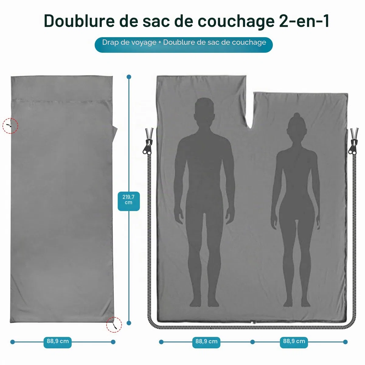 Doublures de sac de couchage en satin, ultra légères et soyeuses avec fermeture éclair bidirectionnelle, 220 x 90 cm, pour voyage, hôtel, voyage d'affaires