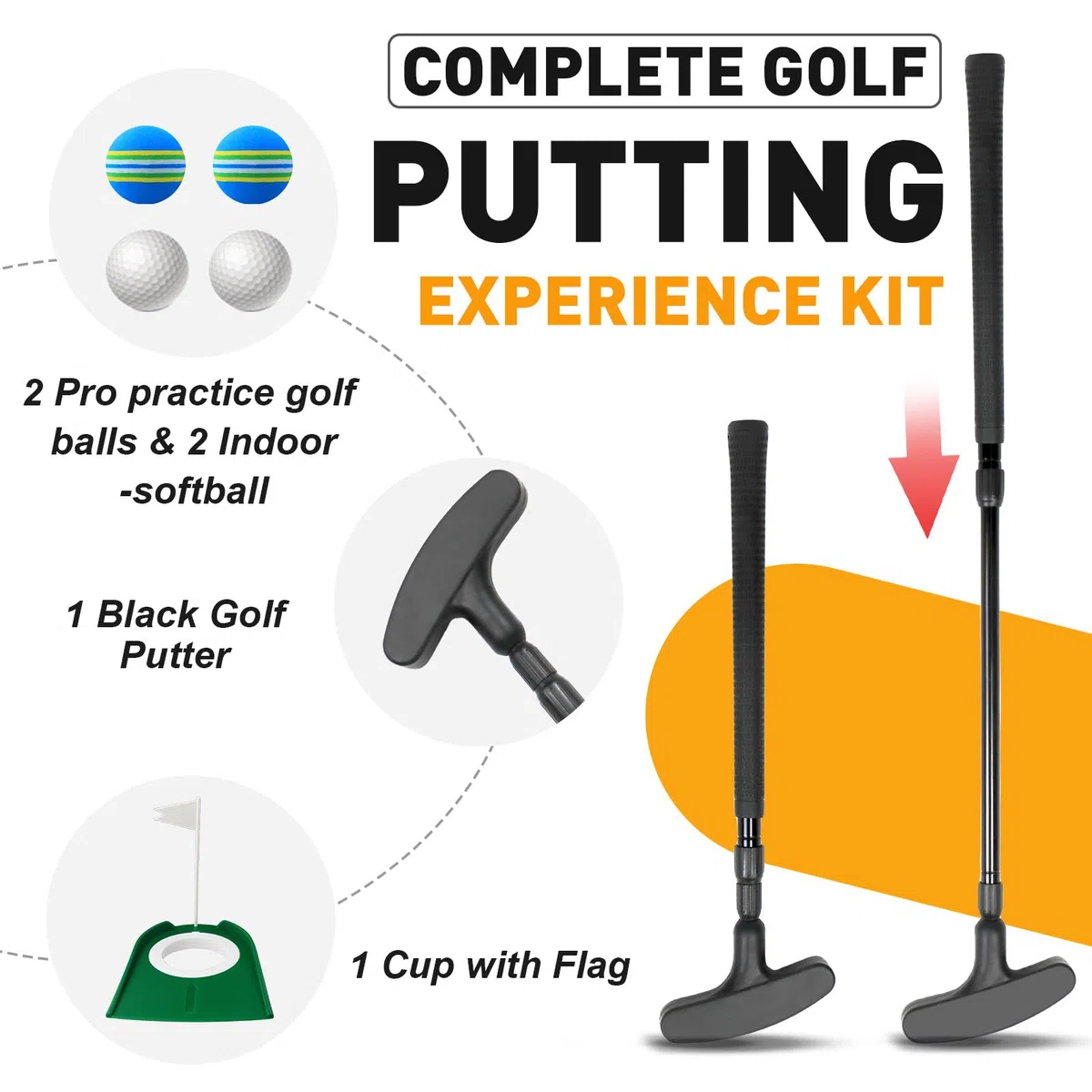 Putter de golf réglable, lot unique, unisexe, peut être utilisé par les gauchers et les droitiers, jeu de putter noir réglable, avec 4 balles et 1 coupe drapeau, convient pour les enfants, les