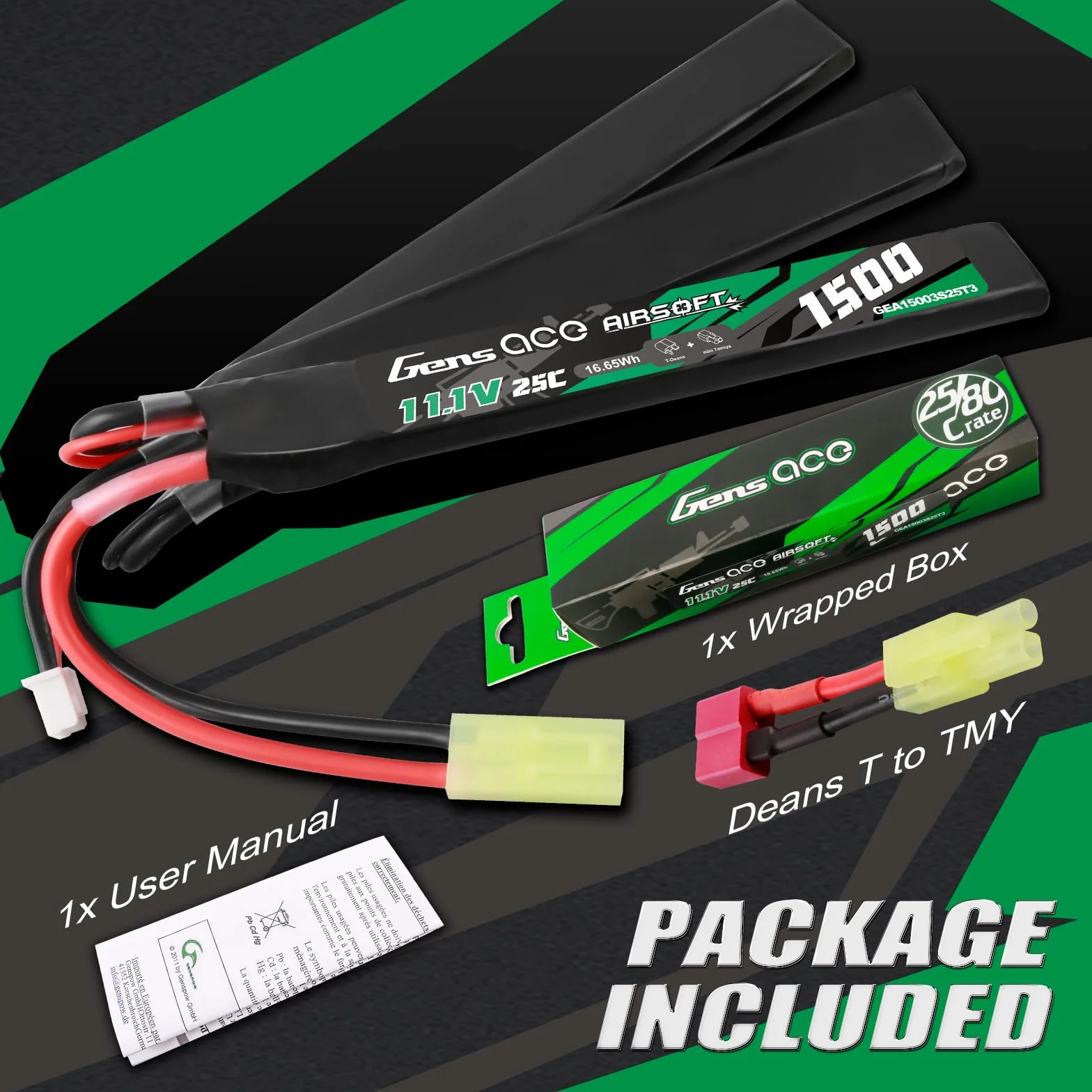 Gens ace 3S Batterie Lipo Airsoft 11,1V 1500mAh 25C 3S1P 3X Nunchuck avec Connecteur TMY, pour Répliques AEG M4 CM16 R15