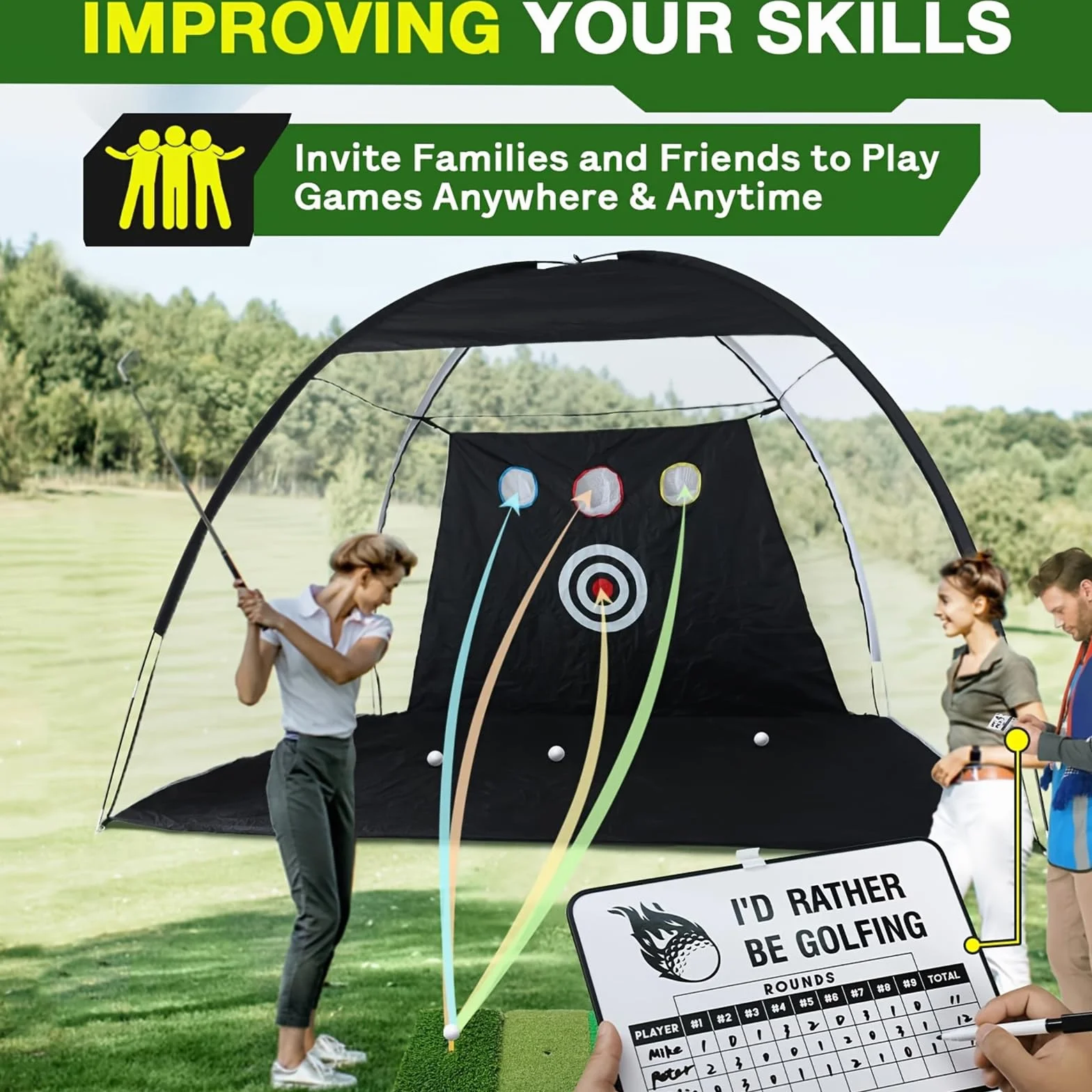 Filet d'entraînement de golf avec tapis de gazon artificiel 3 en 1, filet de golf pour arrière-cour, jardin, garage et salon, conduite, chipping et entraînement de swing pour débutants et