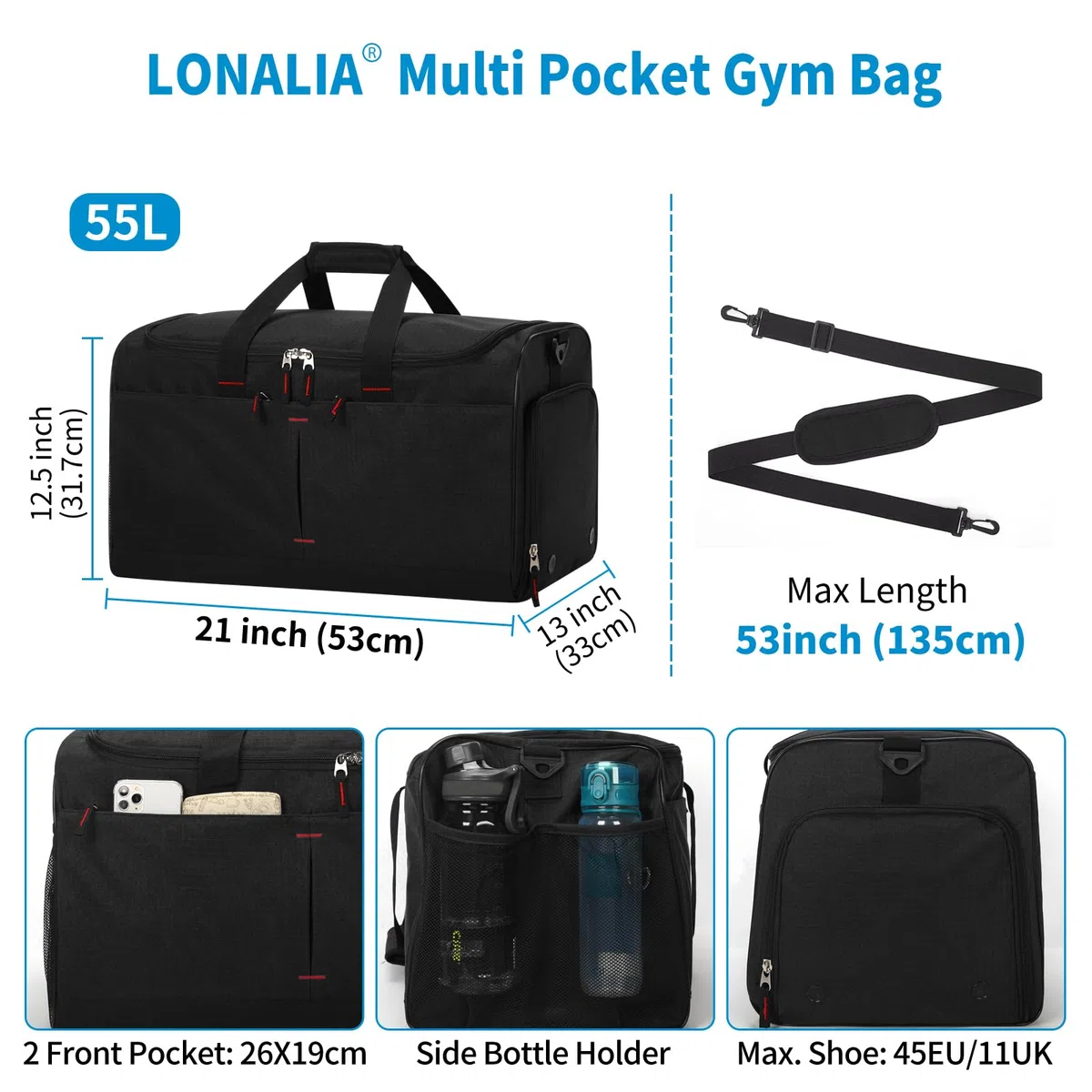 55L Grand Sac de Sport Homme - Sacs de Voyage avec Compartiments Chaussures et Humide, pour Weekend, Fitness, Gym - Noir