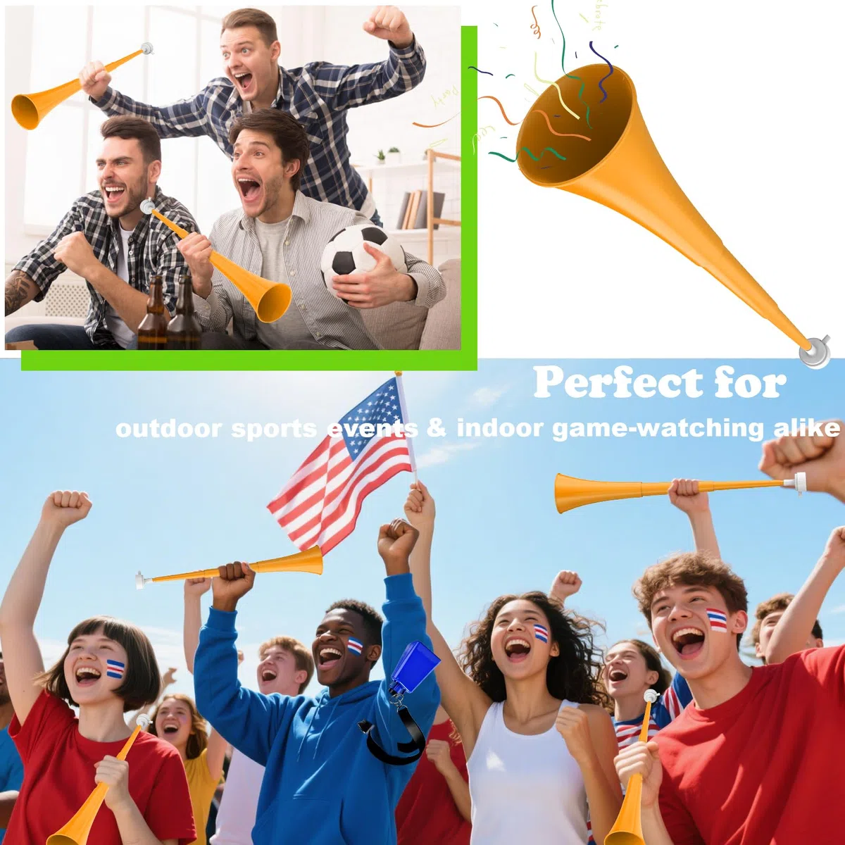 Klaxon de stade pliable de 61 cm Vuvuzela Noise Makers en plastique pour encourager les événements sportifs, les jeux de football, l'école, le sport, les fêtes, accessoires