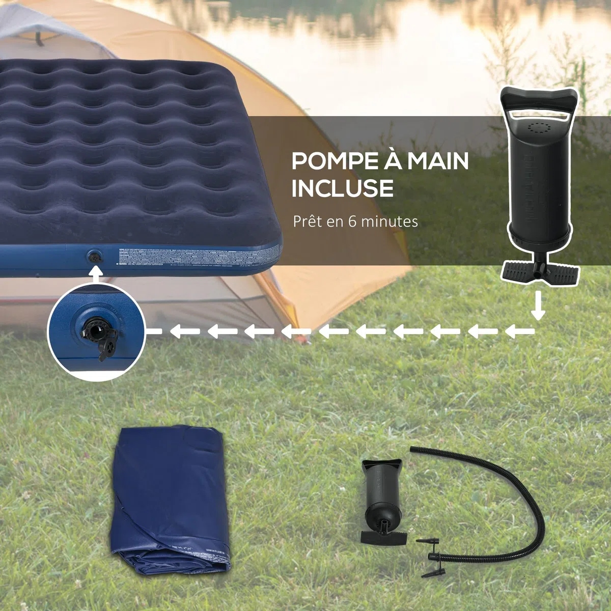 Outsunny Matelas Gonflable 2 Personnes Matelas pneumatique avec Pompe à Main intégrée, Surface floquée, pour Camping, Voyage - 203L x 152l x 22H cm, Bleu