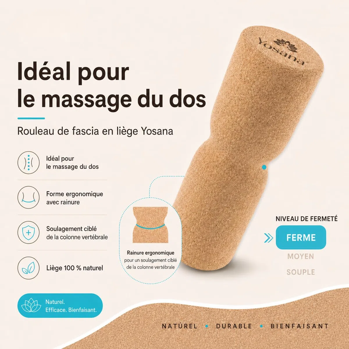 Rouleau de fascia en liège | Rouleau de dos dur pour le massage du dos et l'entraînement du fascia | Rouleau de liège durable | 30x10cm