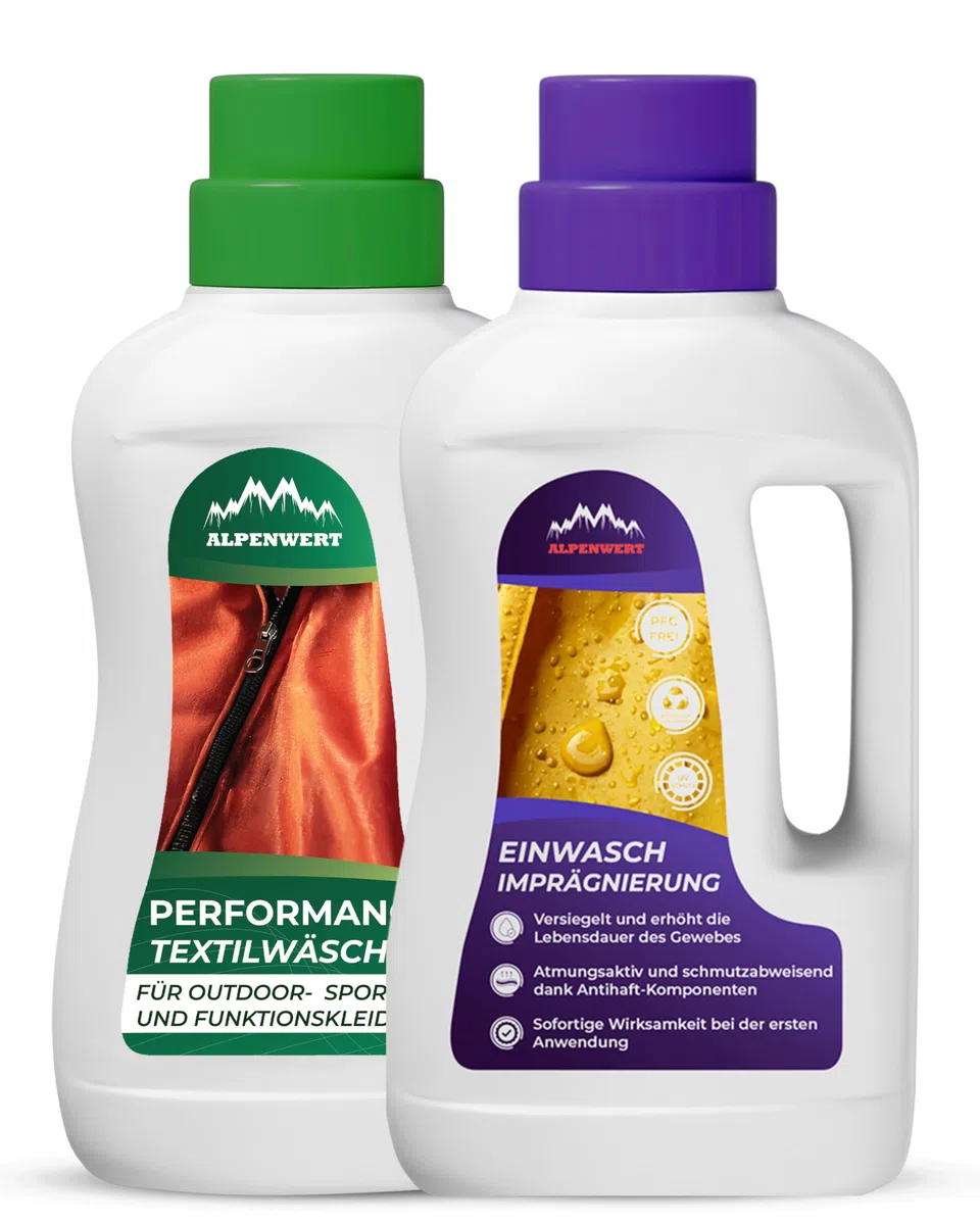 ALPENWERT Imperméabilisant 500 ml + lessive 500 ml [Fabriqué en Allemagne] – Imprégnation de lavage & lessive de sport pour vêtements d'extérieur, de ski et de fonction – Gore-tex UVM Impränier