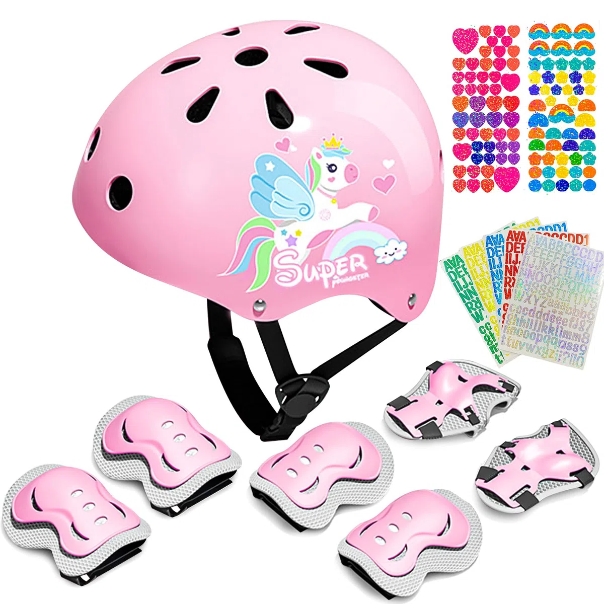 Casque de vélo pour enfant avec équipement de protection, motif licorne rose, avec genouillères, coudières et autocollants décoratifs