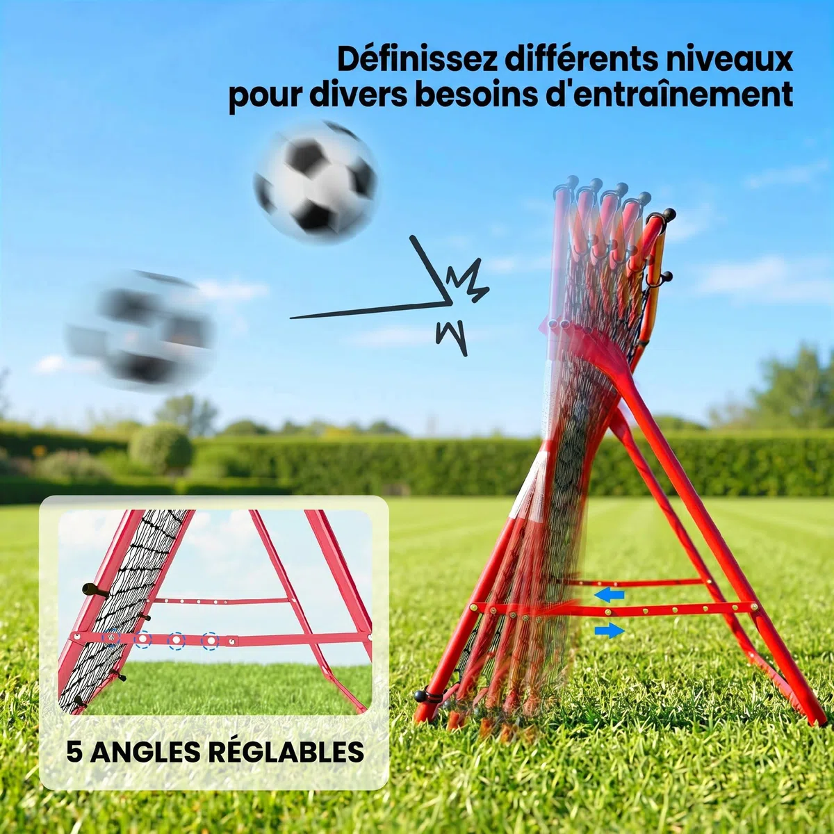 SPORTNOW Filet de Rebond Football Portable, 5 Angles Réglables en Acier et Nylon à Double Couche, pour l'Entraînement au Football Tennis Handball, 103x72x89cm, Rouge