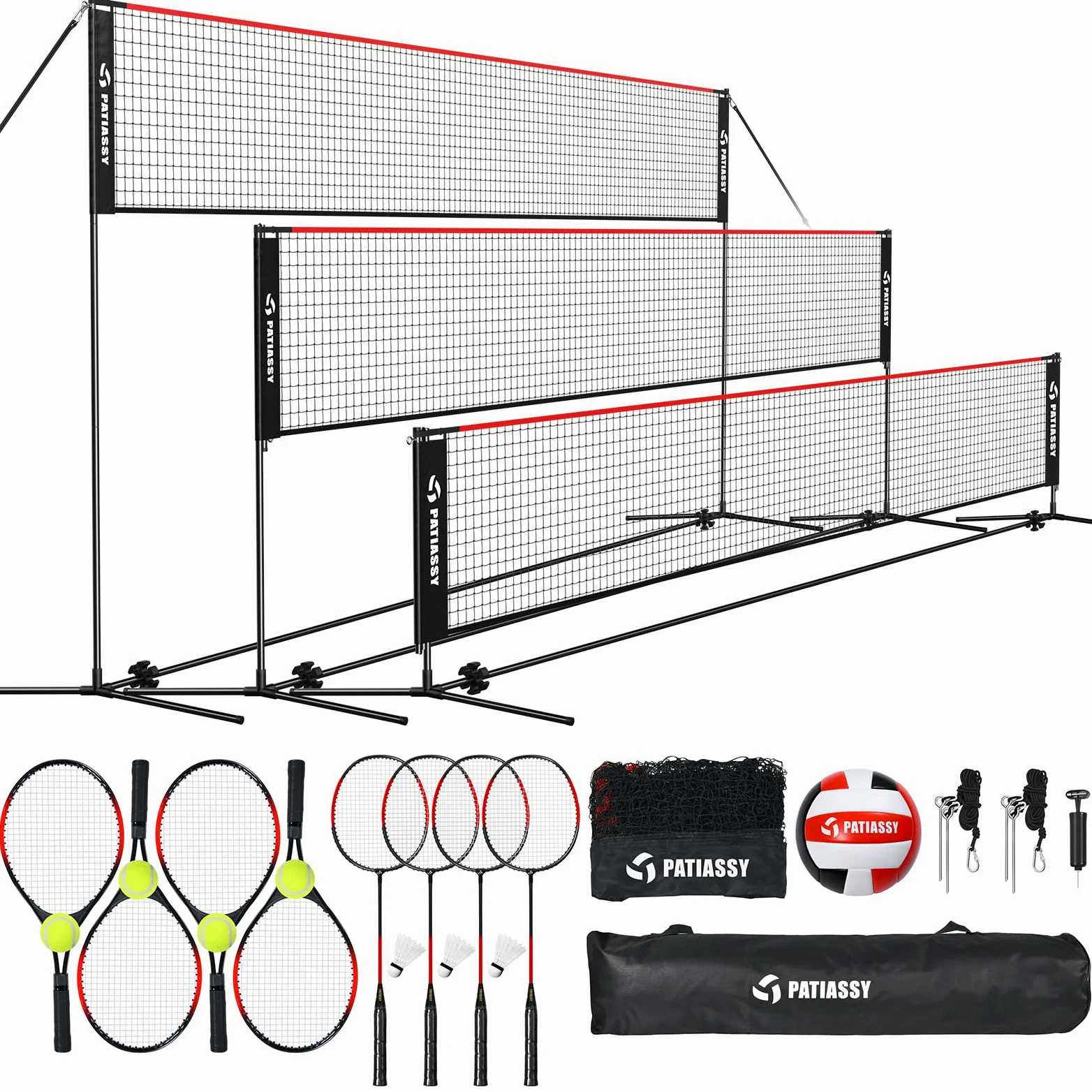 Filet de Badminton, Filet de Volley de 520 cm, 3 hauteurs Peuvent être ajustées, Ensemble Portable pour Le Tennis, à l'intérieur et à l'extérieur, Loisirs idéal pour Enfants et Adultes