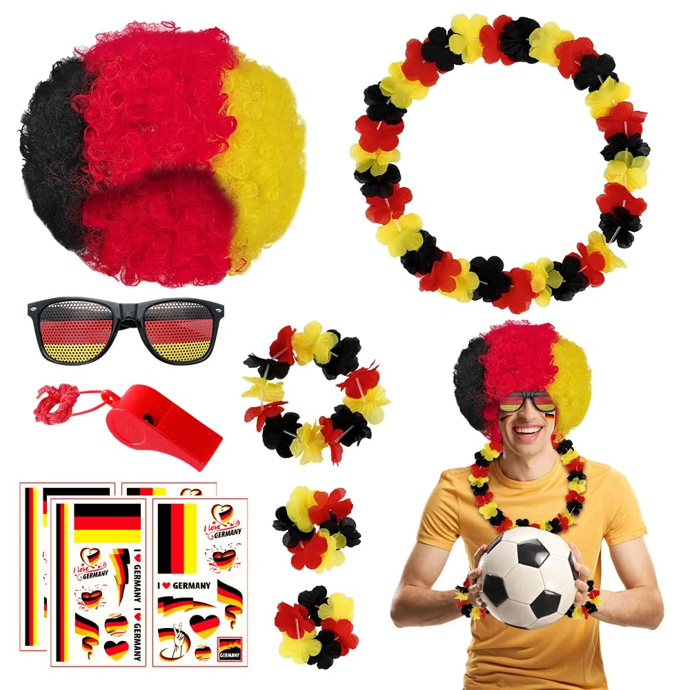 7 Pièces Kit Supporter Allemagne, SGZIOO Wm Fanpaket Allemagne, Collier de Fleurs Kit, perruque, lunettes de soleil, sifflet