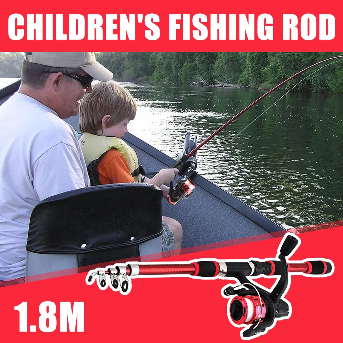 Kit de pêche pour enfants, Rouge 1.8m Ensemble de démarrage pour enfants, Ensemble de canne à pêche pour enfants avec moulinet et ensemble d'appâts, Moulinet en fibre de carbone, accessoires de pêche